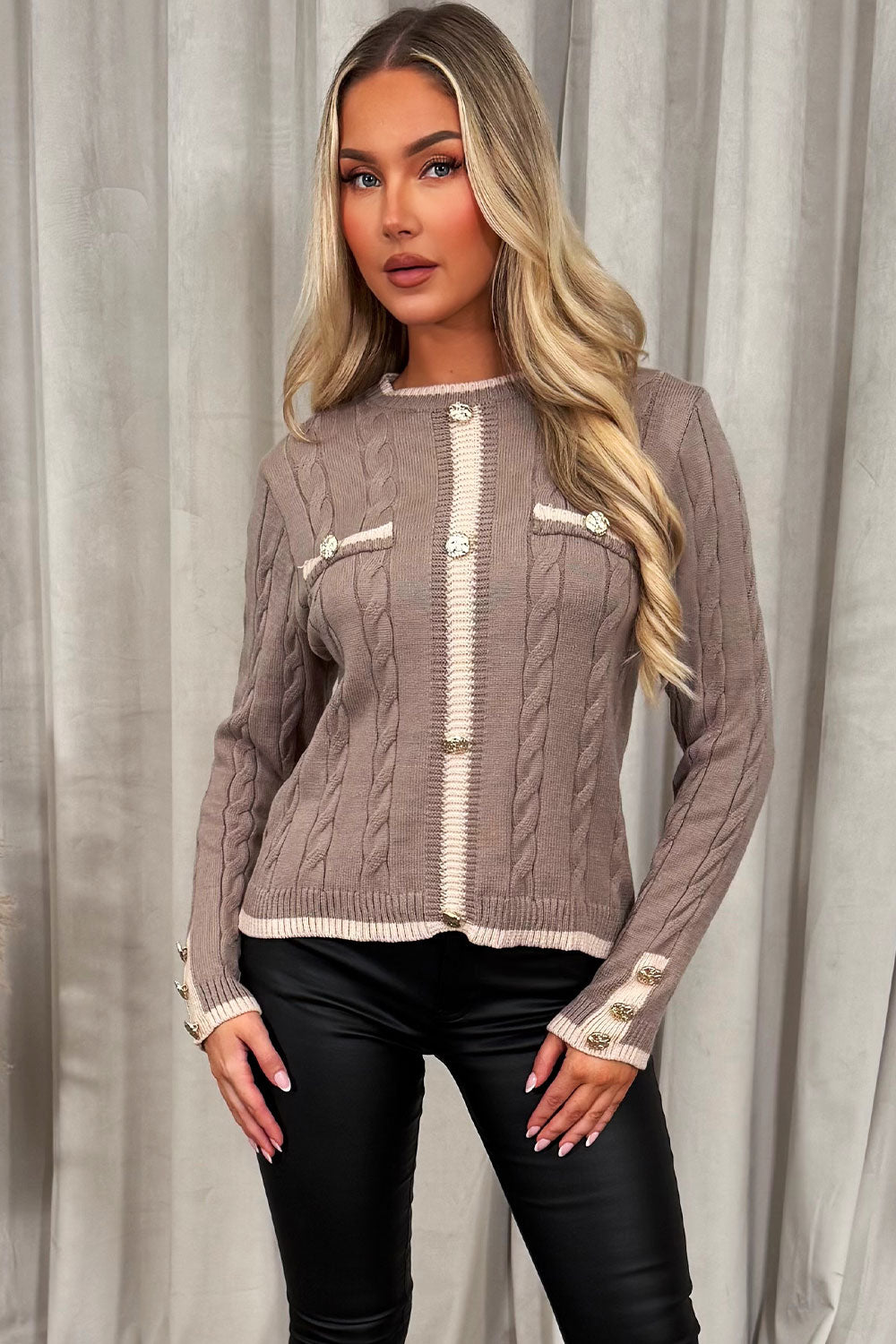 gold button long sleeve knitted jumper with contrast detail womens christmas outfit