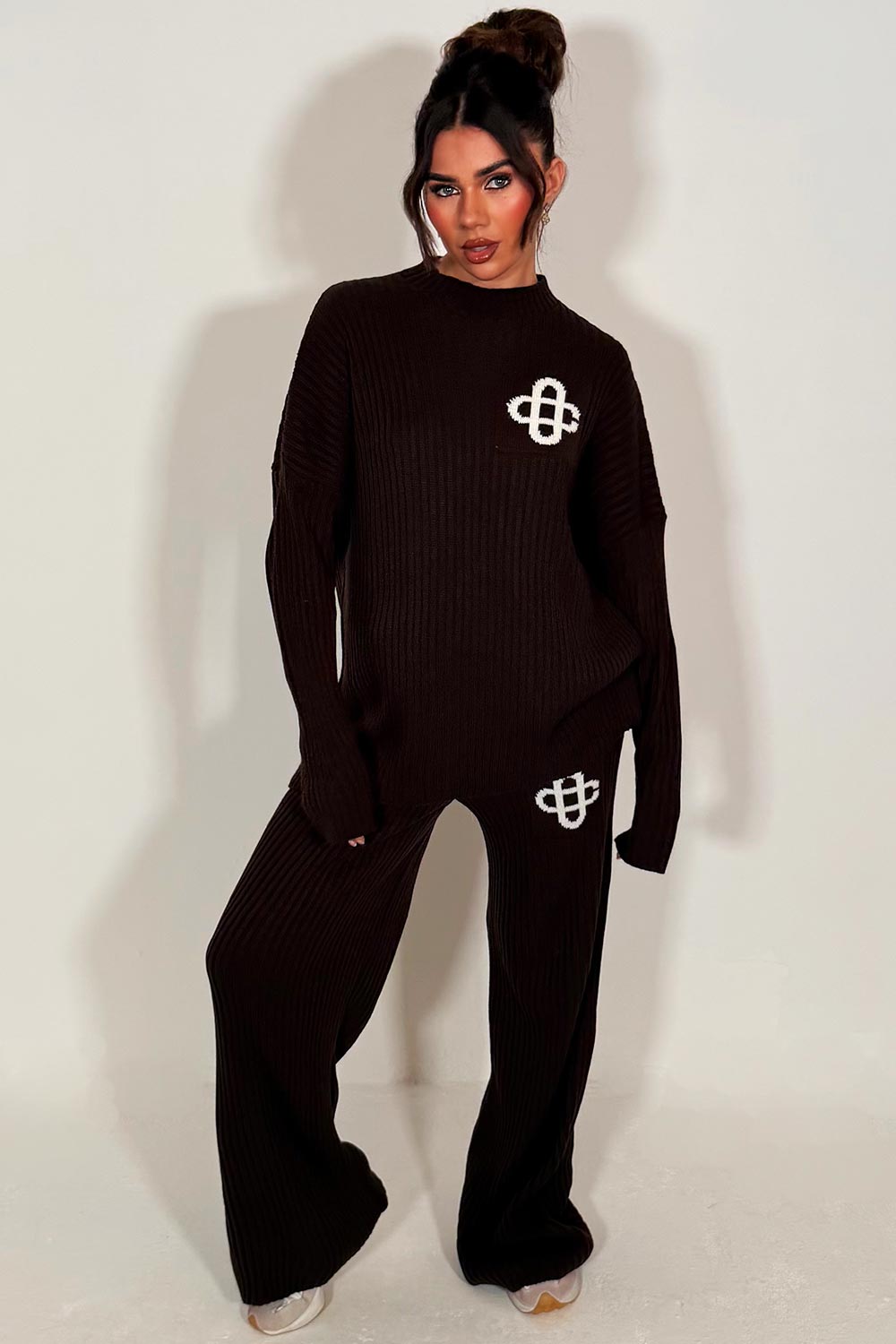 womens oversized knitted lounge set with contrast emblem couture club womens