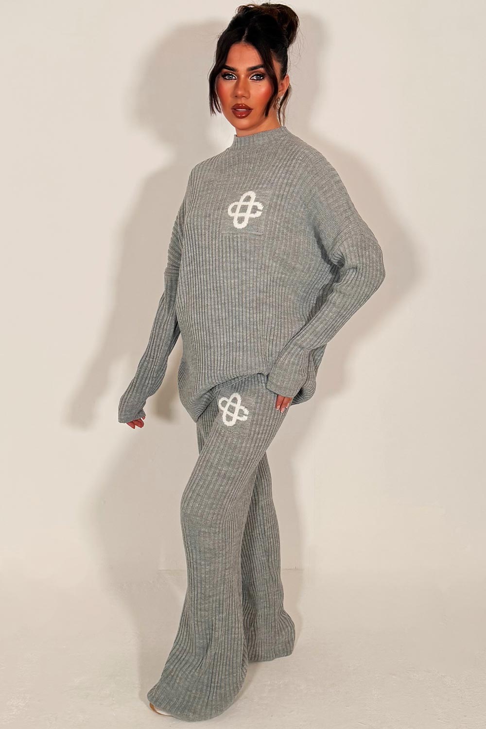 grey oversized rib knitted lounge set couture club womens uk
