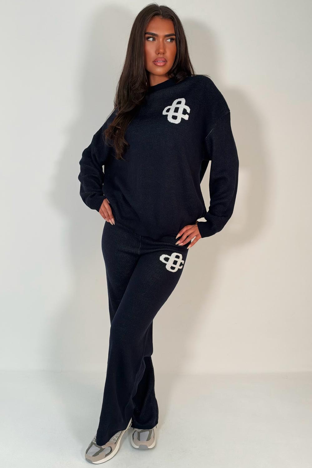 womens knitted loungewear set couture club contrast emblem co ord