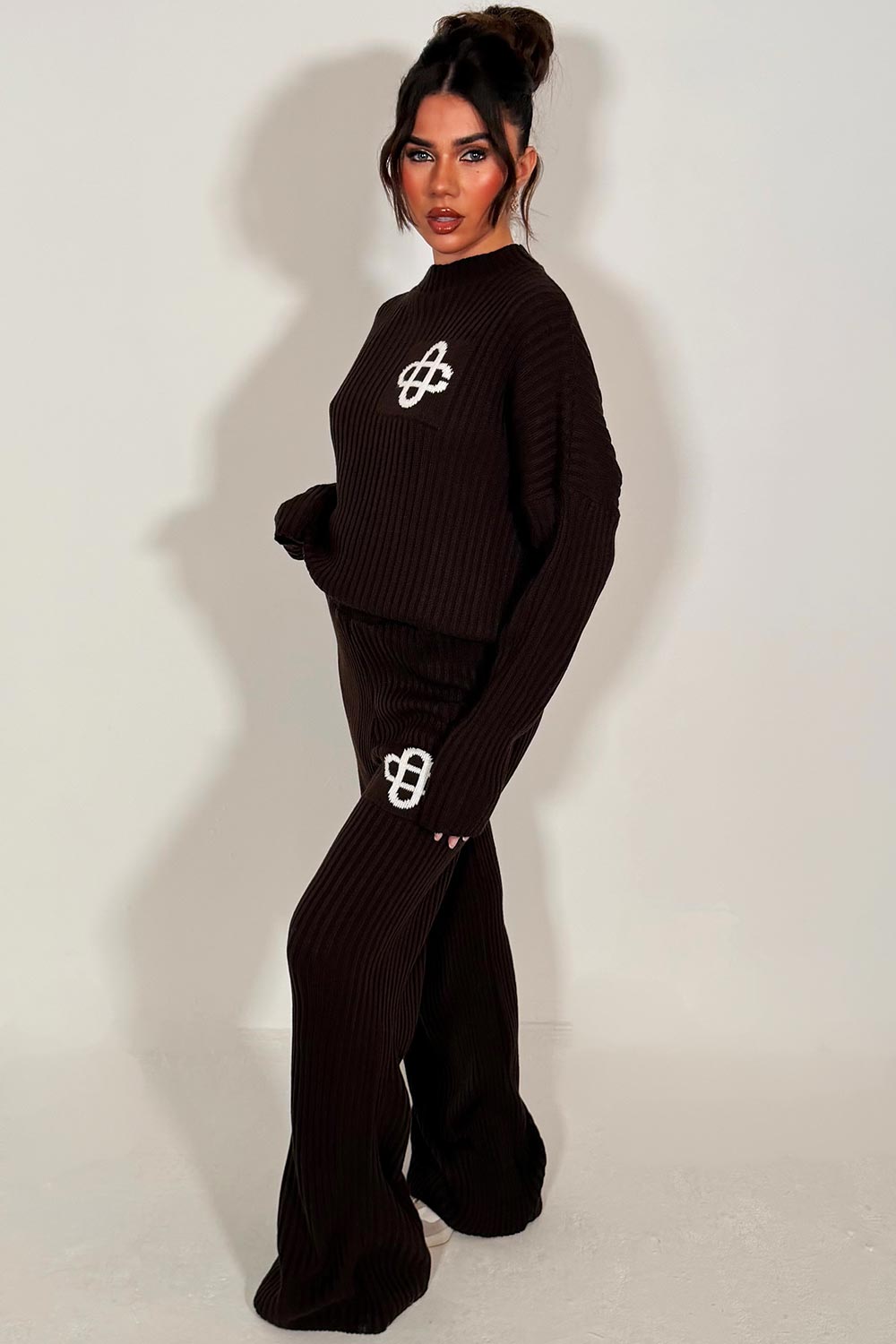 knitted loungewear co ord set brown womens couture club