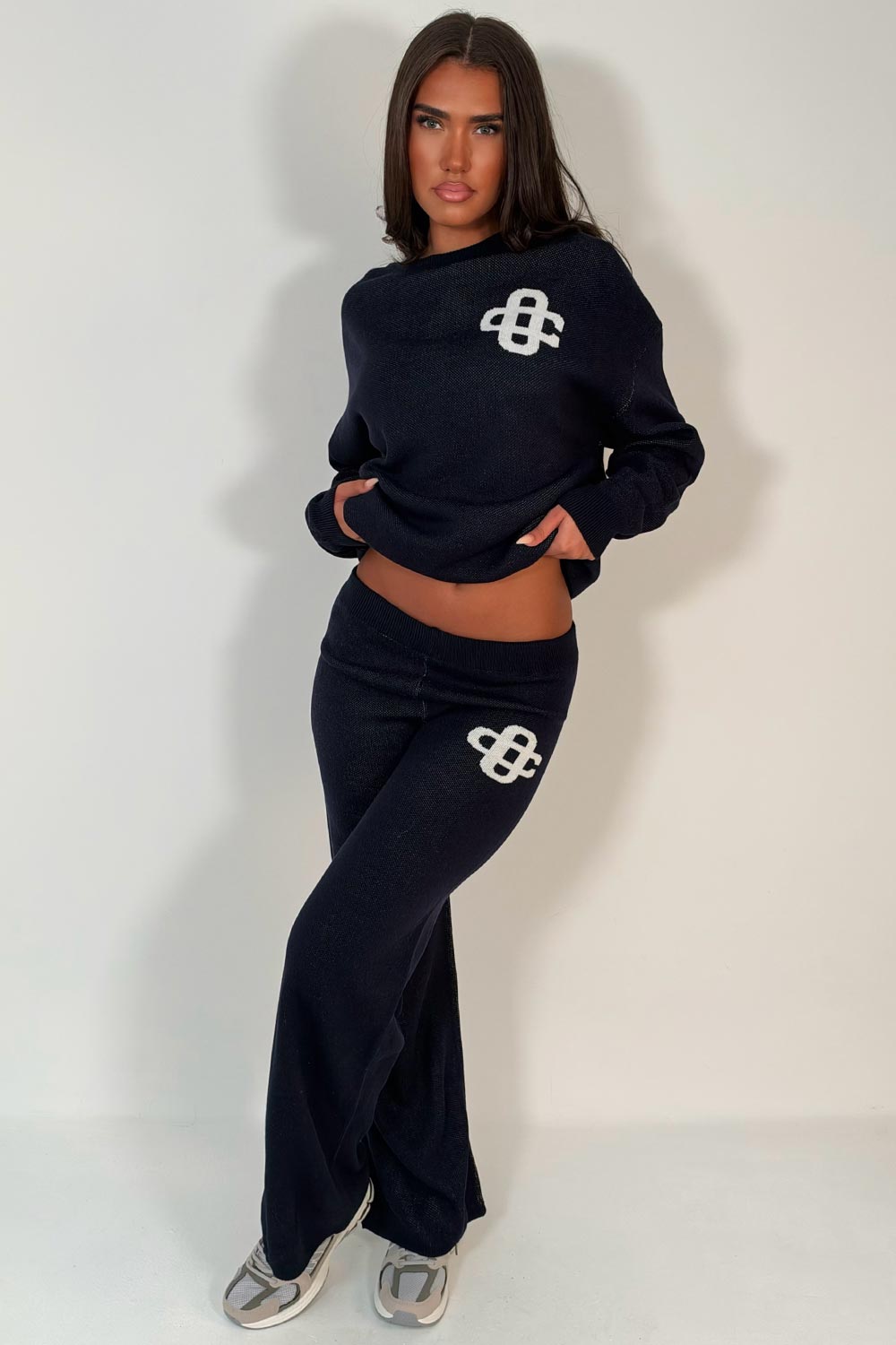 womens knitted sweatshirt jumper and knitted trouser lounge set couture club uk sale