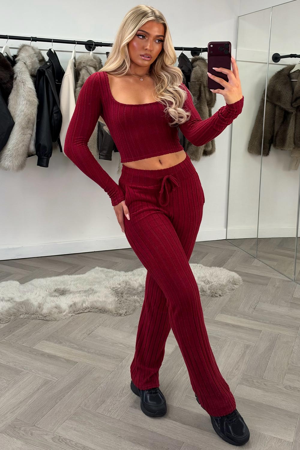 womens long sleeve crop top and skinny flare leg high waist trousers two piece loungewear co ord set brown styledup uk