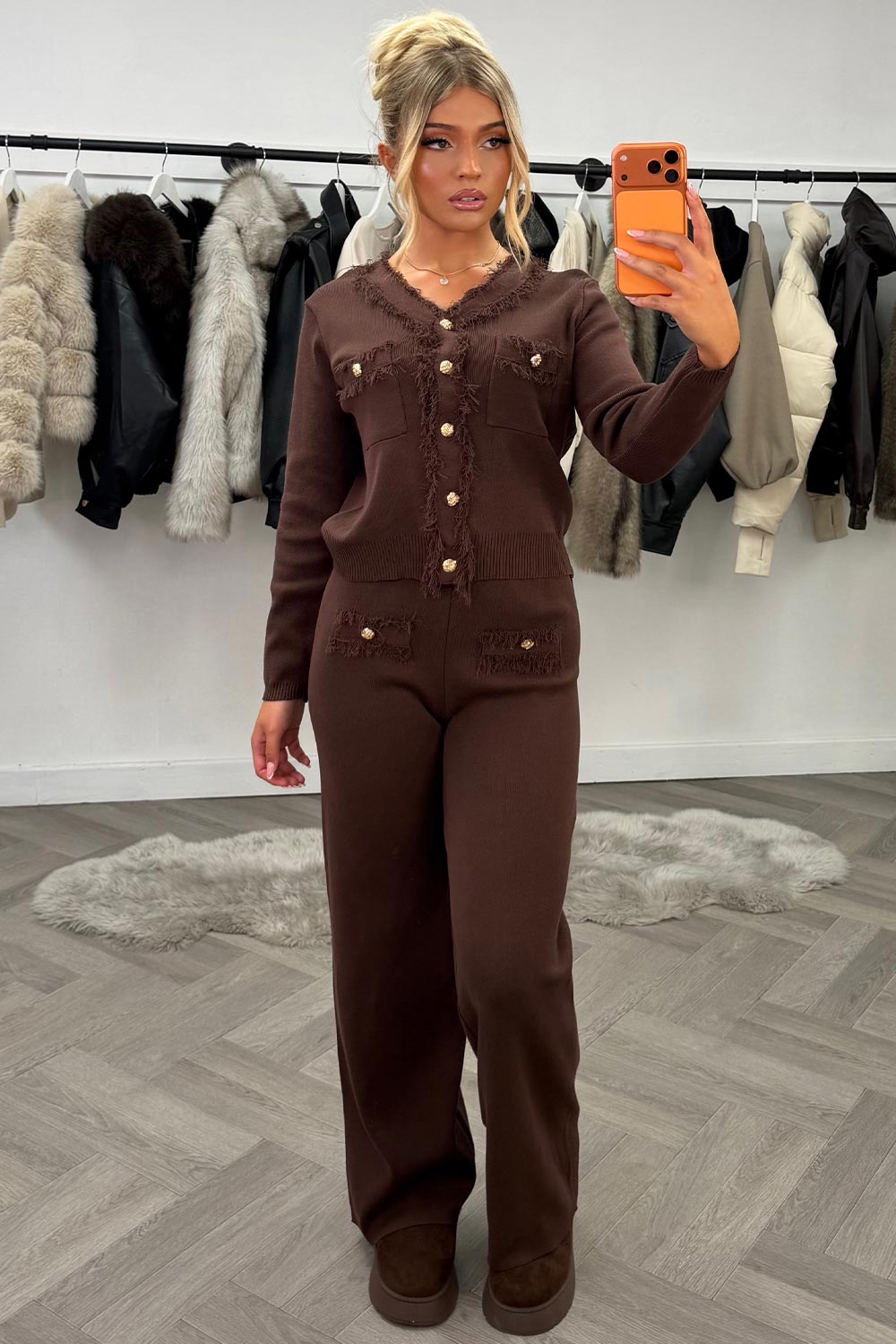 gold button knitted jumper and trousers two piece set womens night out christmas party outfit uk