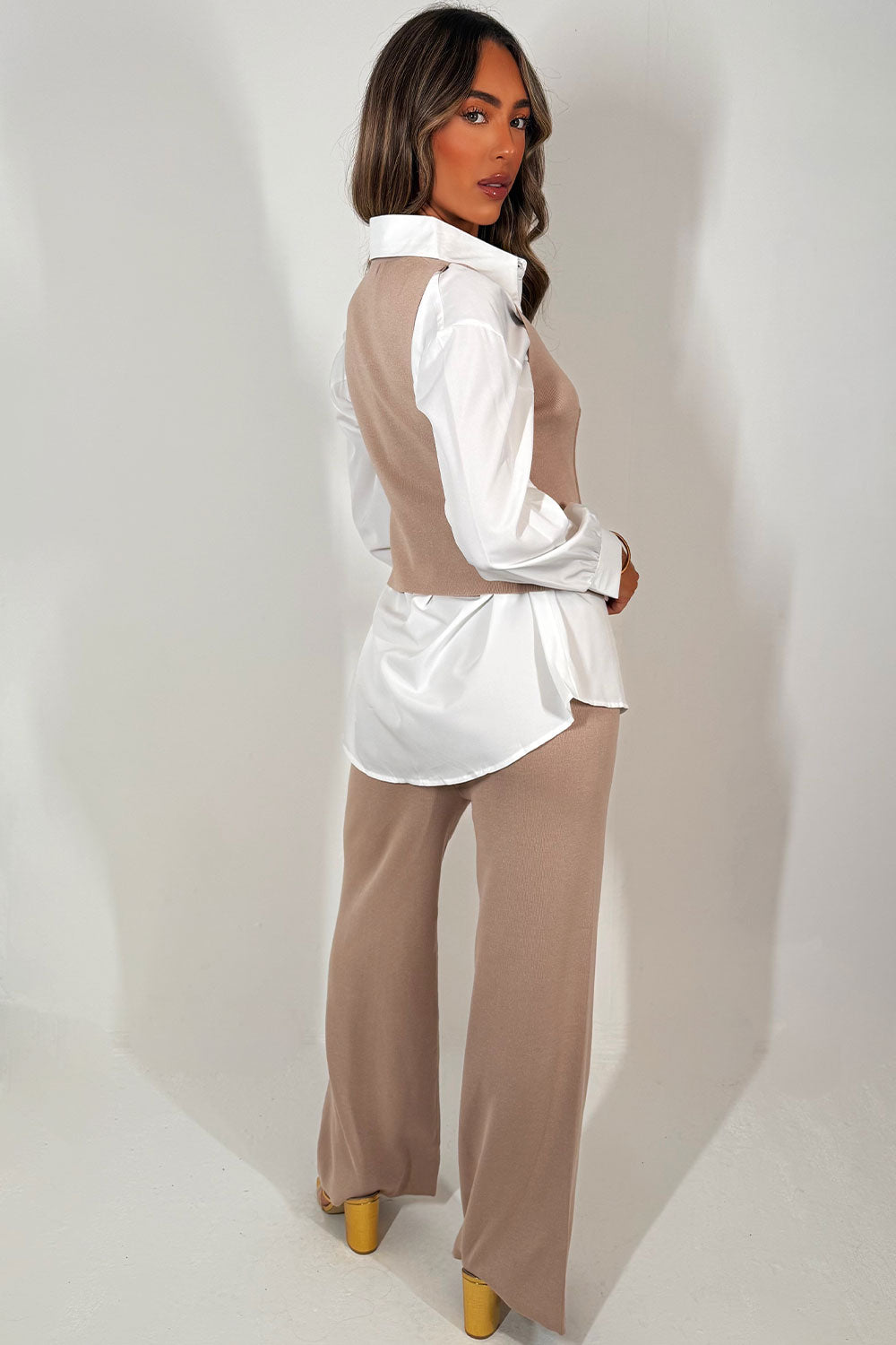 knitted gold button jumper shirt and trouser three piece outfit set