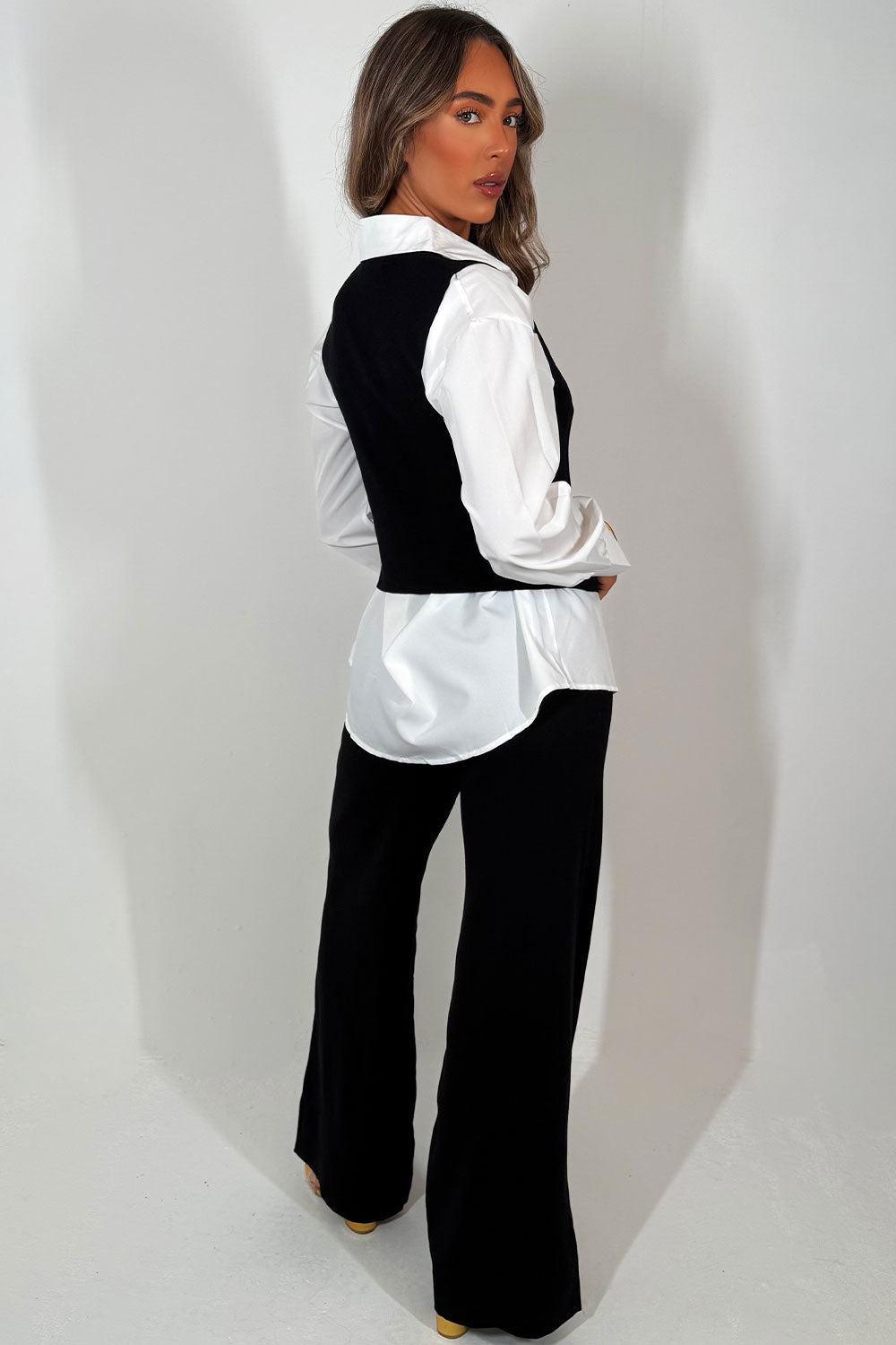 gold button knitted waistcoat shirt and trouser three piece co ord set christmas party outfit styledup