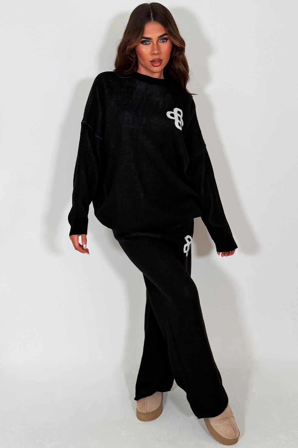 knitted sweatshirt and knitted trouser womens lounge set with contrast emblem couture club uk