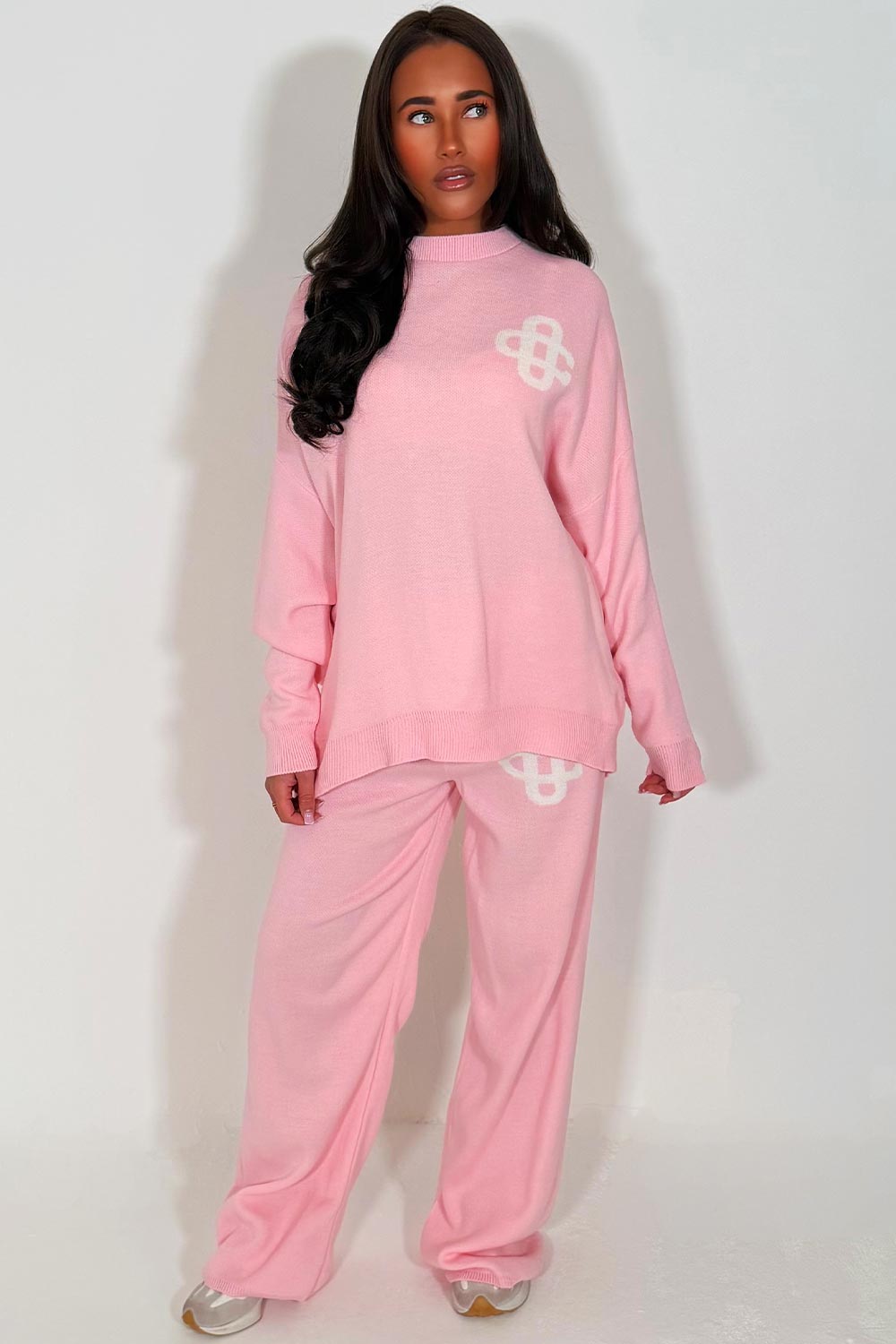 womens pink knitted sweatshirt jumper and knitted trouser lounge set couture club uk sale