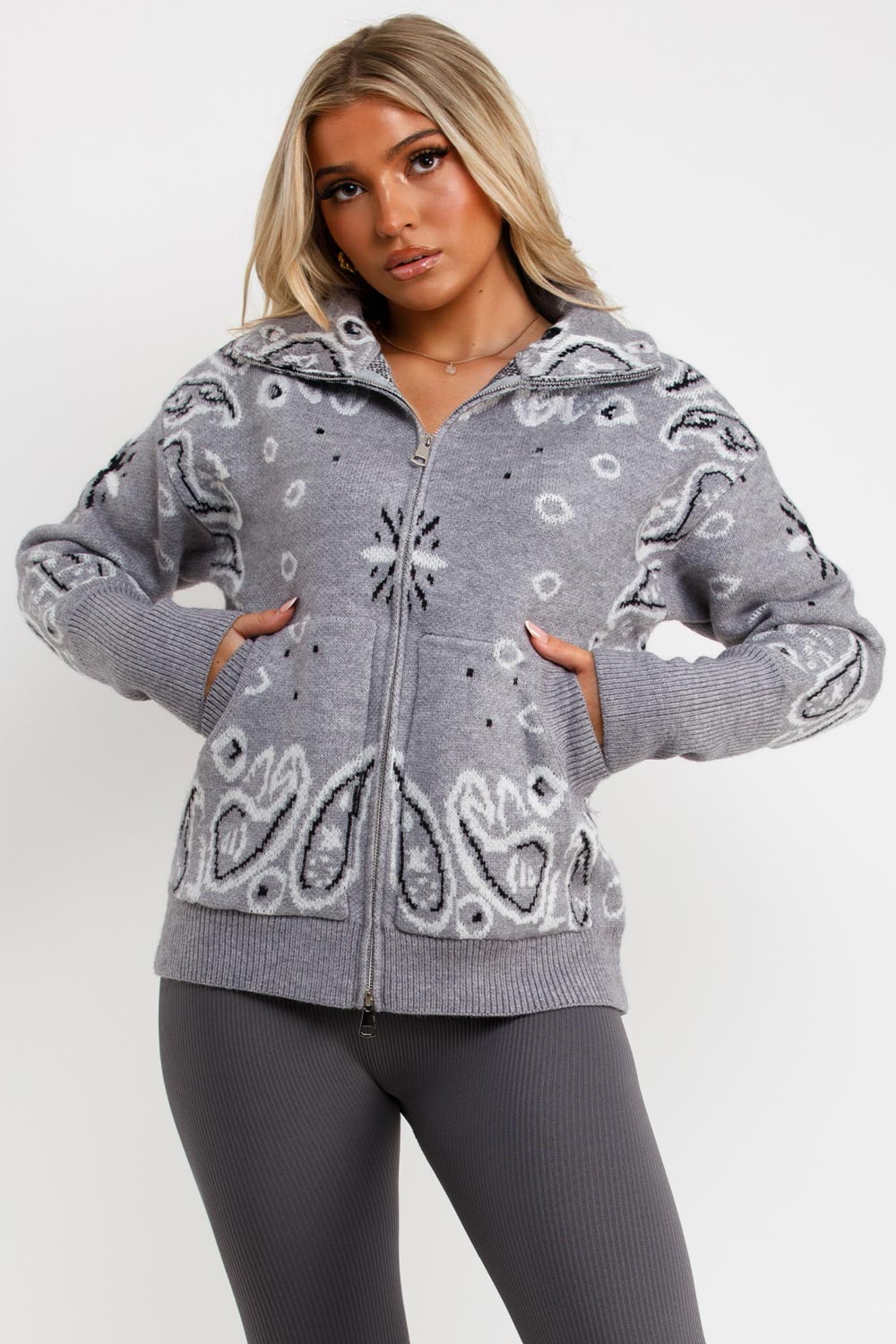 womens grey paisley jumper cardigan with double zip styledup uk