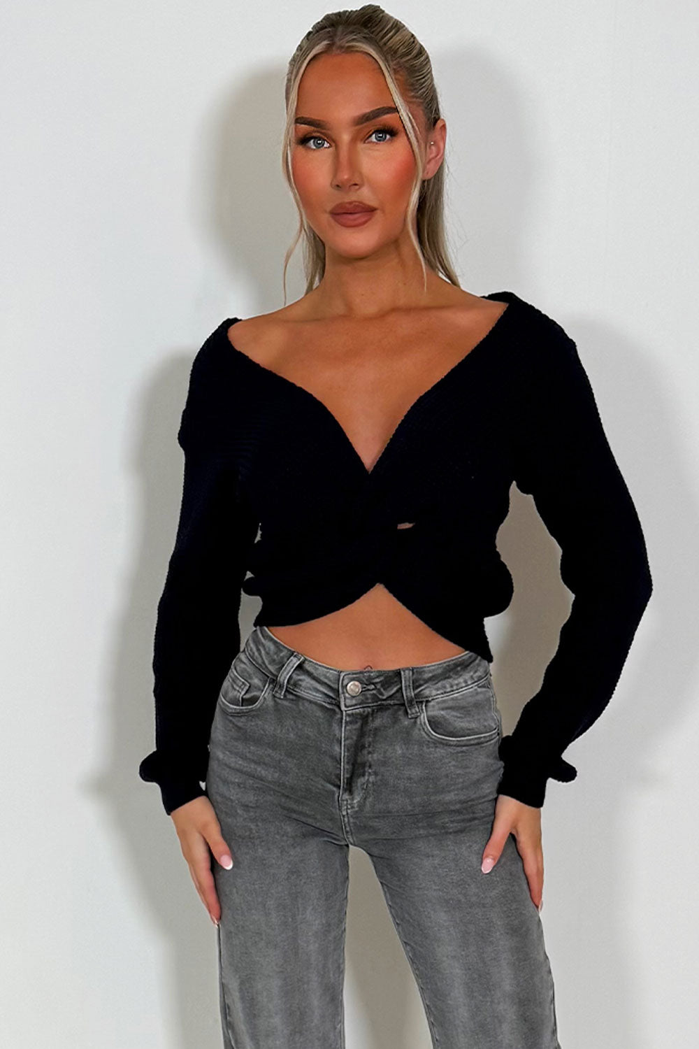 long sleeve twist front knitted jumper cropped styledup womens