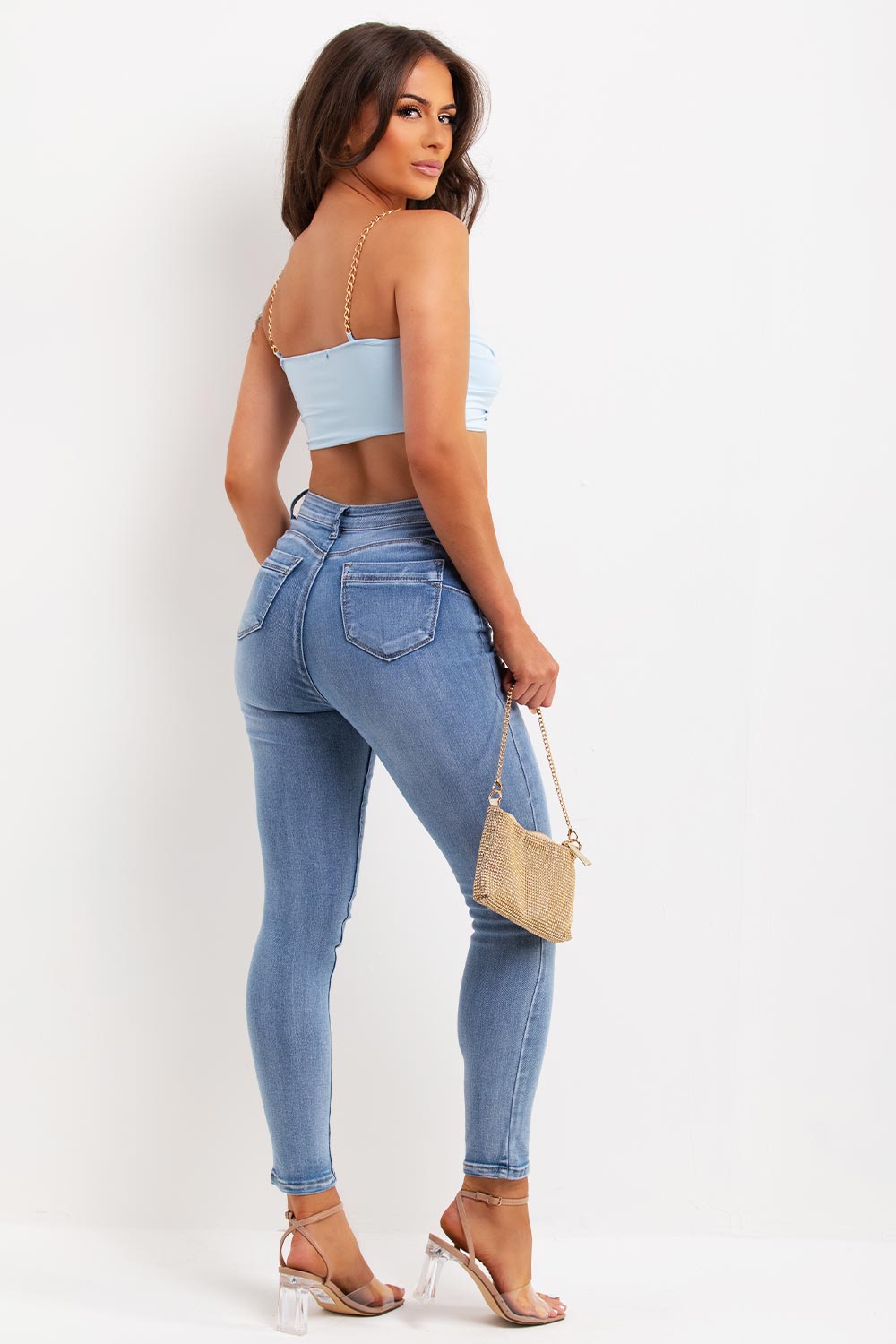 gold chain straps crop top with twist front