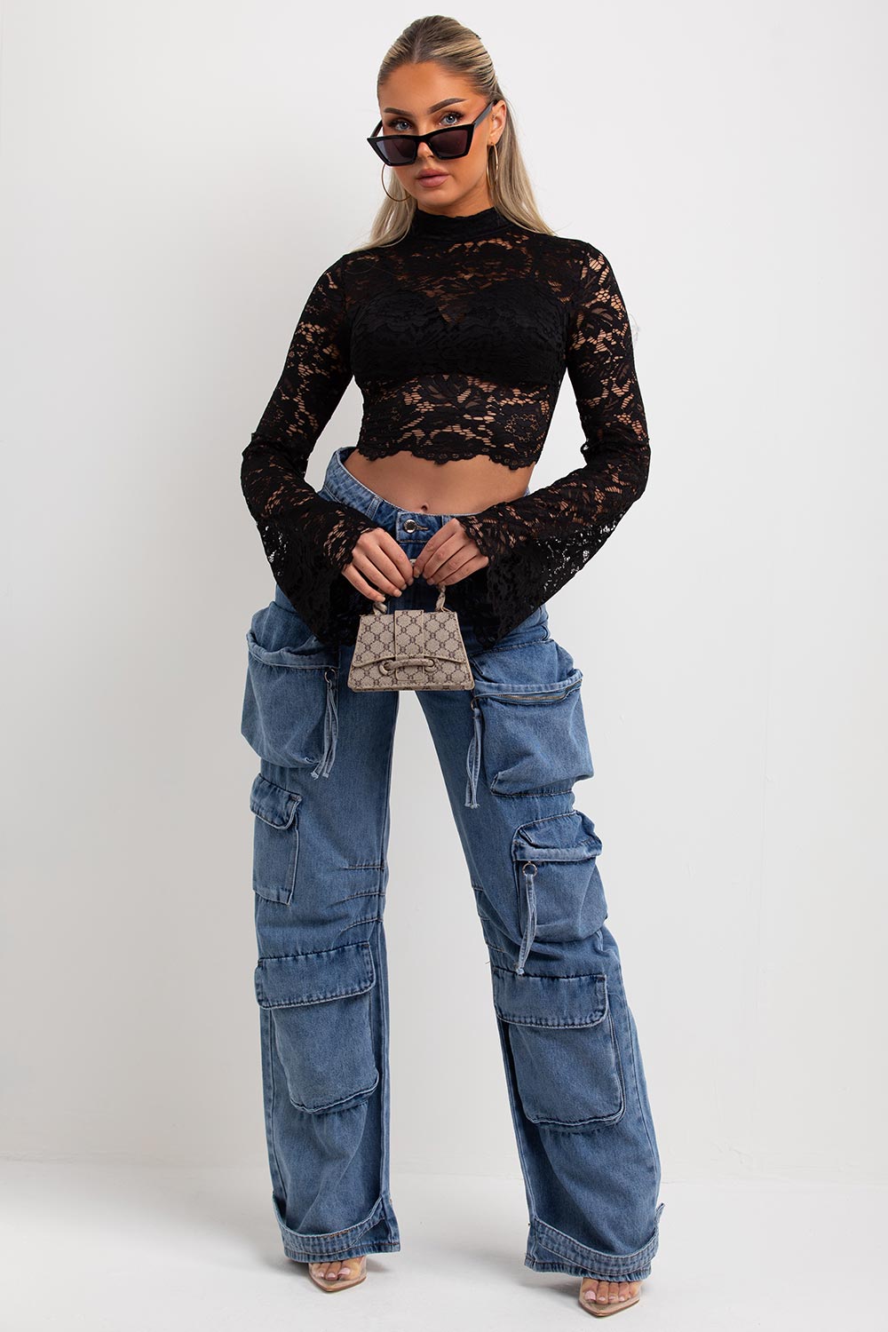 womens black flare sleeve lace top going out summer outfit