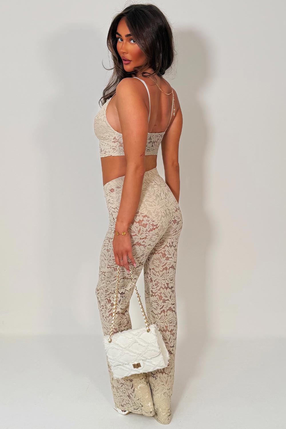 flared lace beige trousers and top co ord set styledup fashion