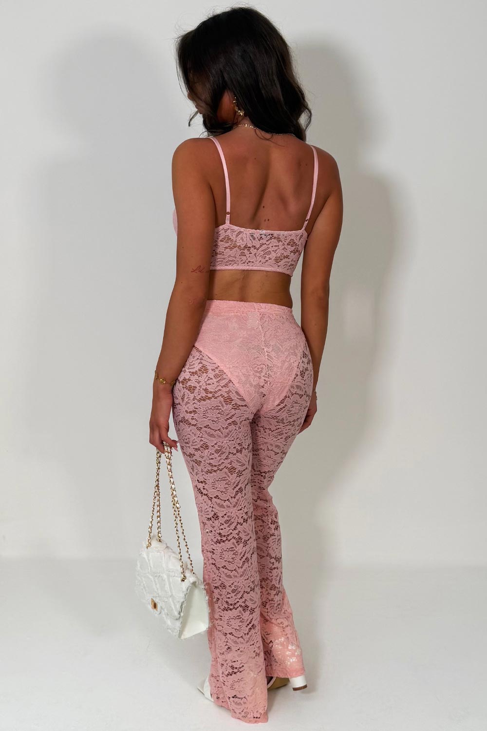 flared lace pink trousers and top co ord set styledup fashion
