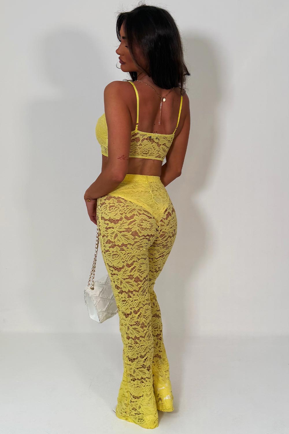 flared lace yellow trousers and top co ord set styledup fashion