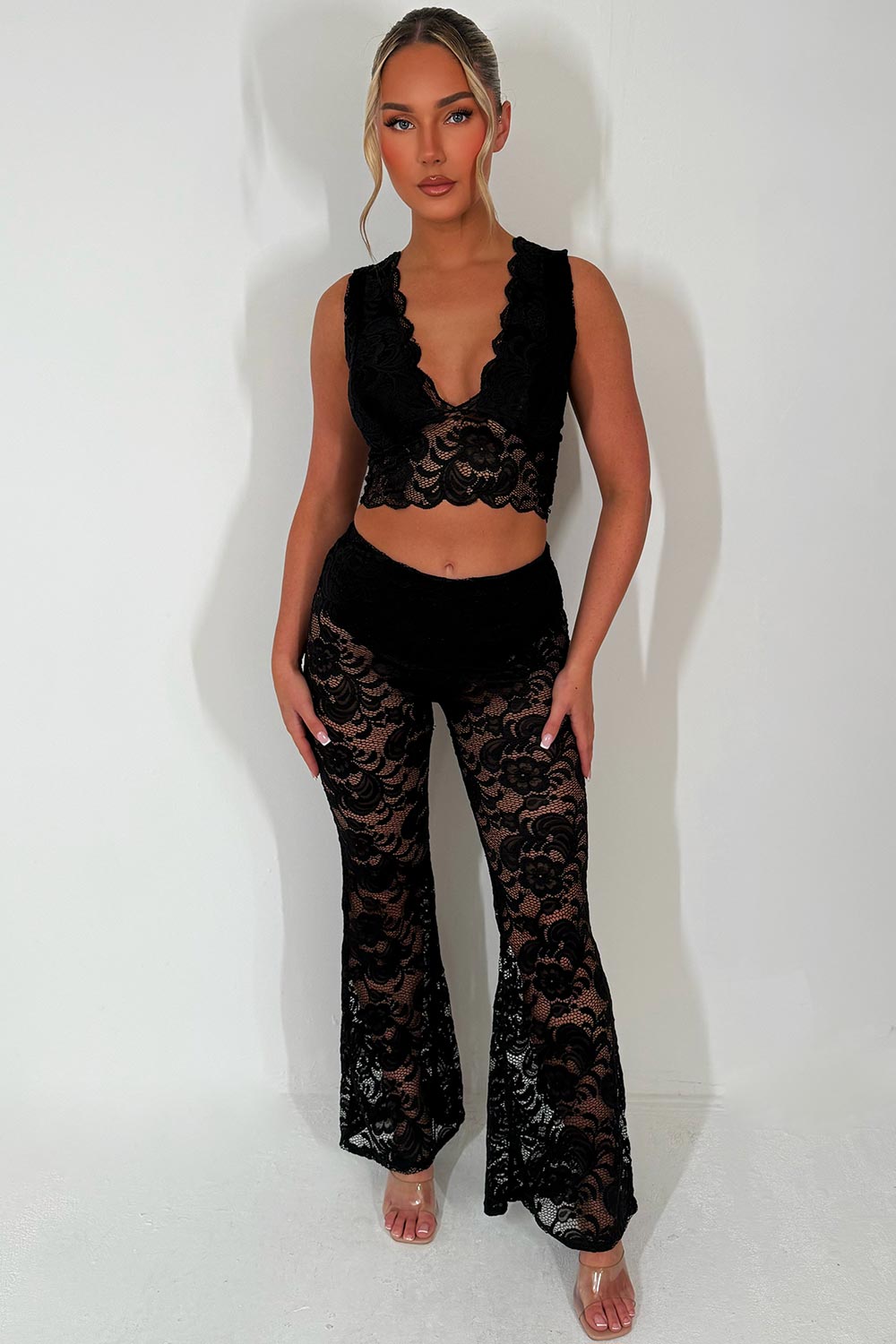 womens skinny flared leg high waist lace trousers and top co ord set festival holiday outfit styledup