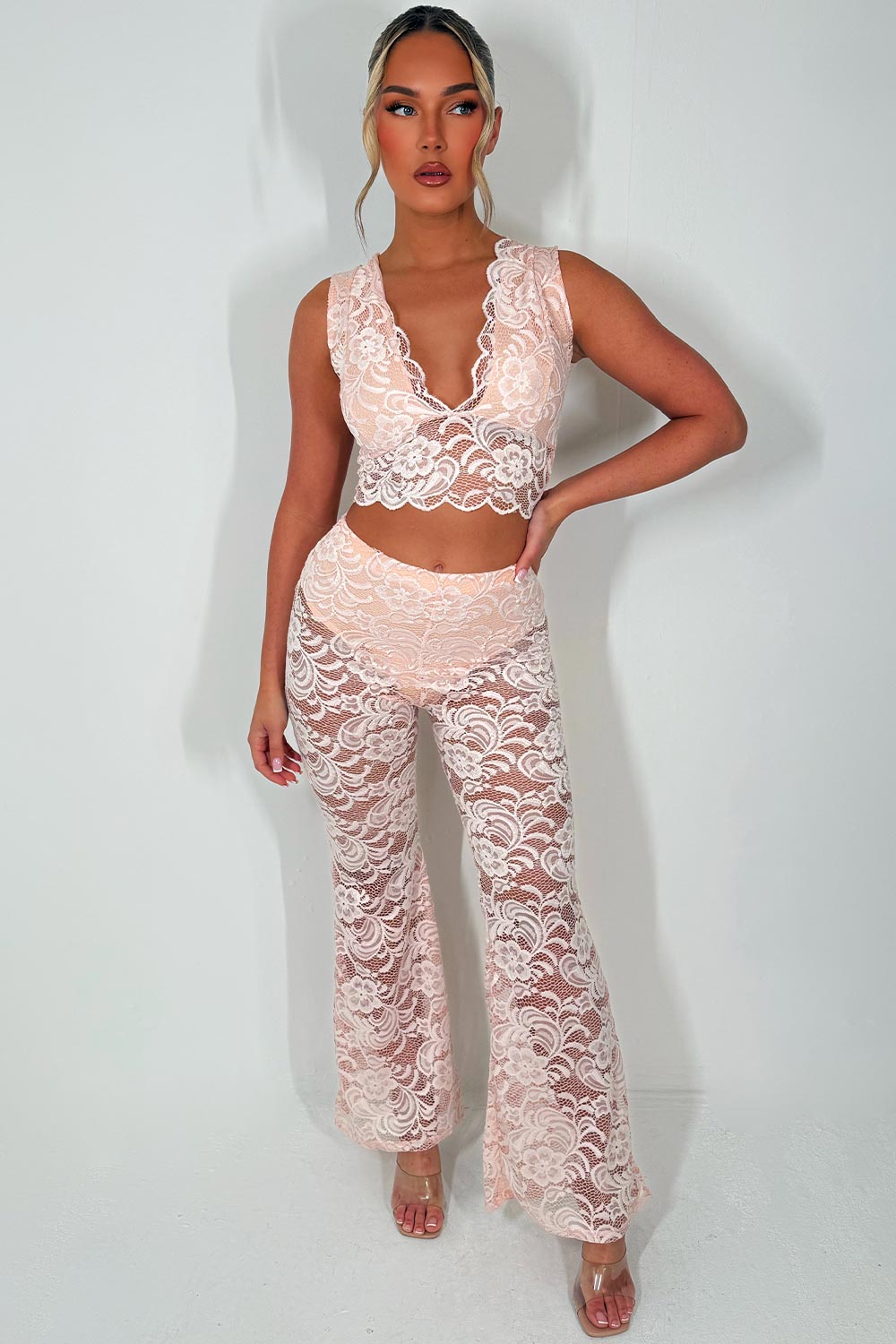 womens festival lace trousers and top co ord set pink hen do outfit