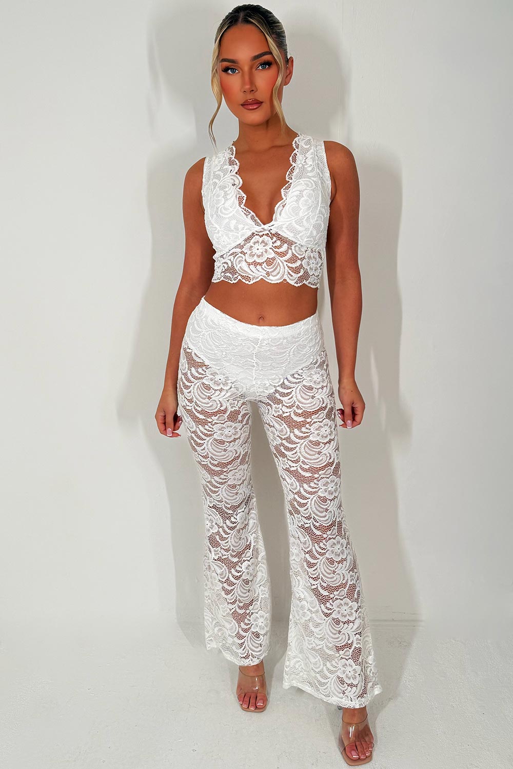 womens festival lace trousers and top co ord set white hen do outfit