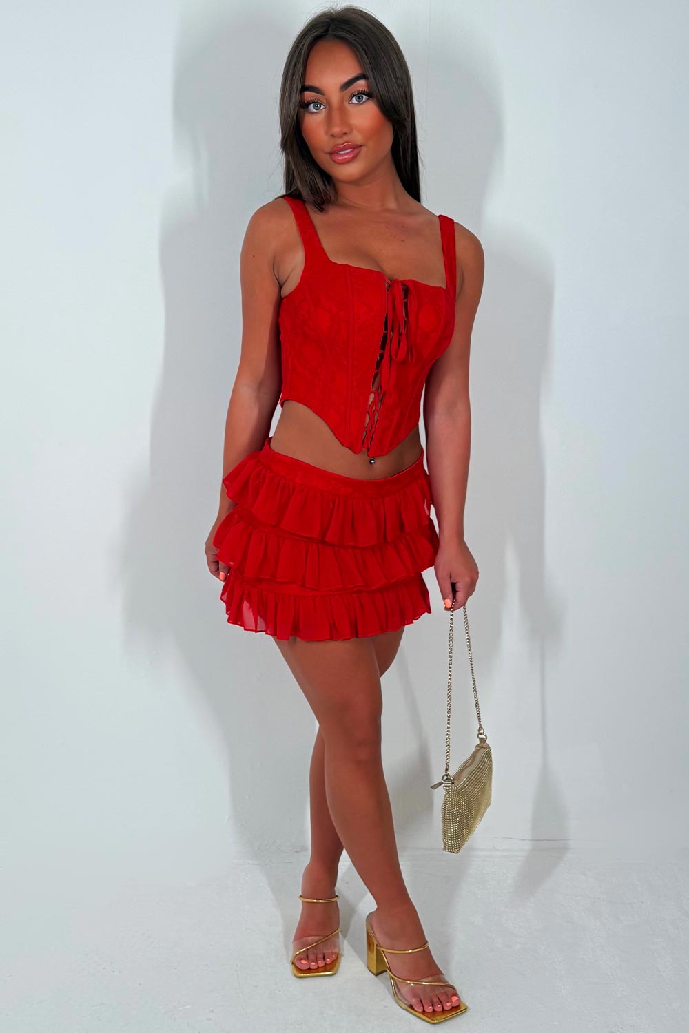 lace up corset festival top and ruffle frilly mini skirt two piece outfit set