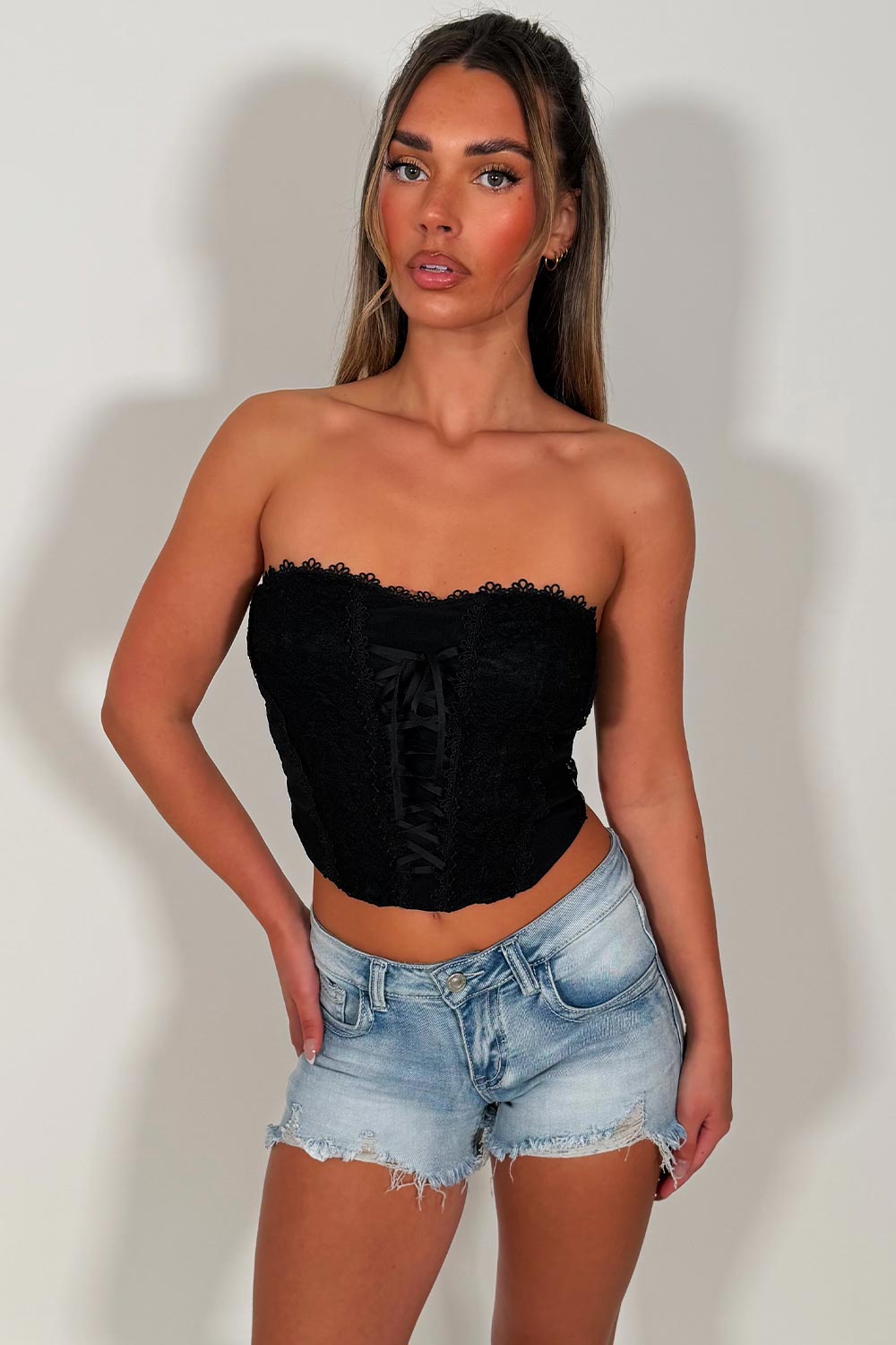 black lace corset top going out date night outfit styledup uk white fox