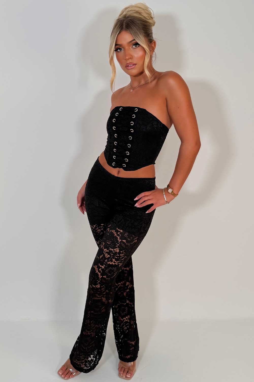 black corset top and lace trousers two piece christmas party outfit night out festival rave clothes uk styledup