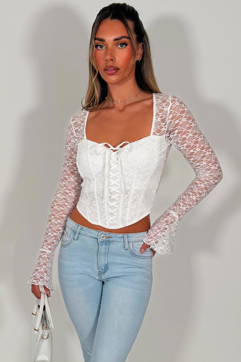 womens long lace sleeves white corset top going out outfit day drinks date night festival outfit styledup