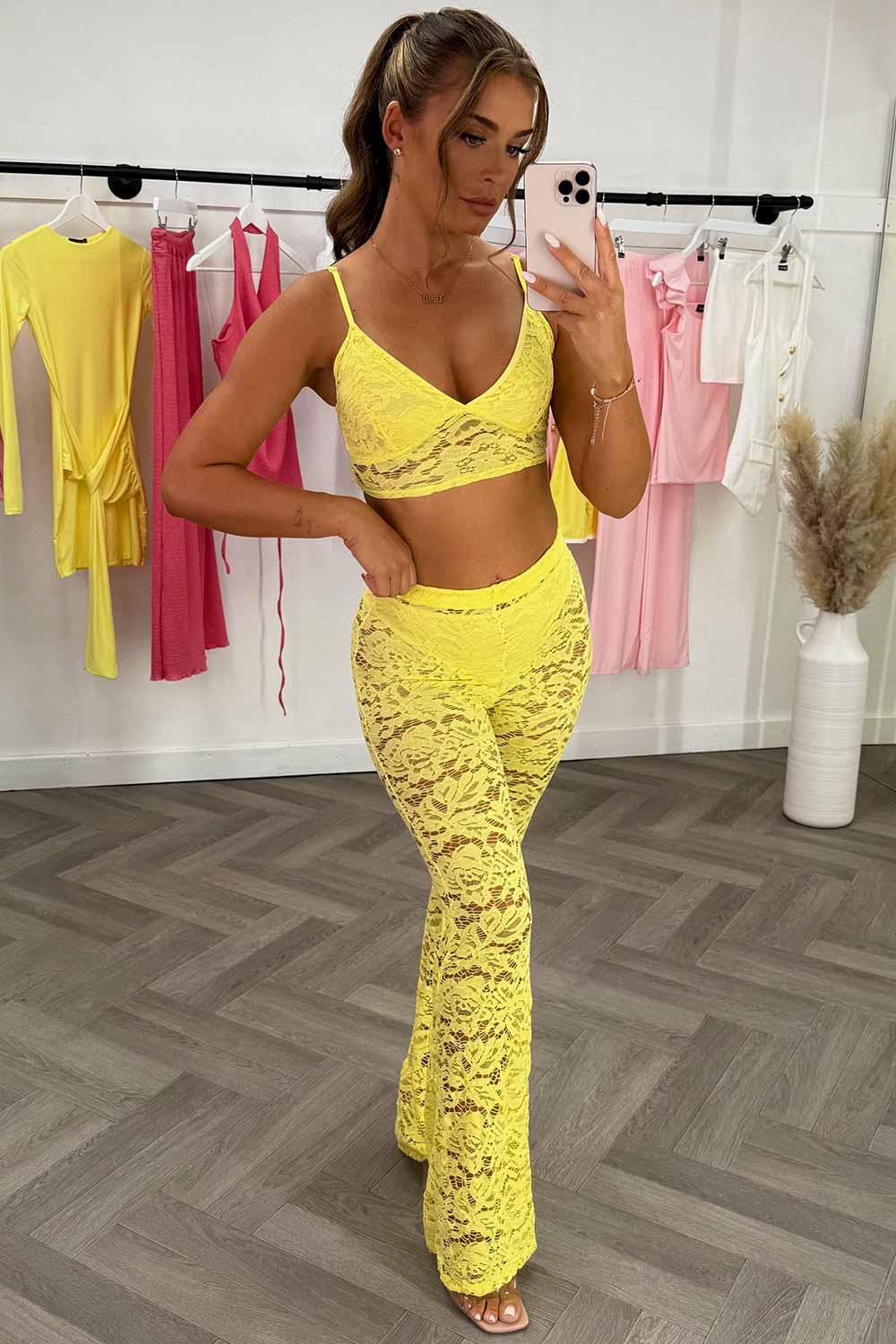 high waist flared lace trousers and top co ord set black styledup