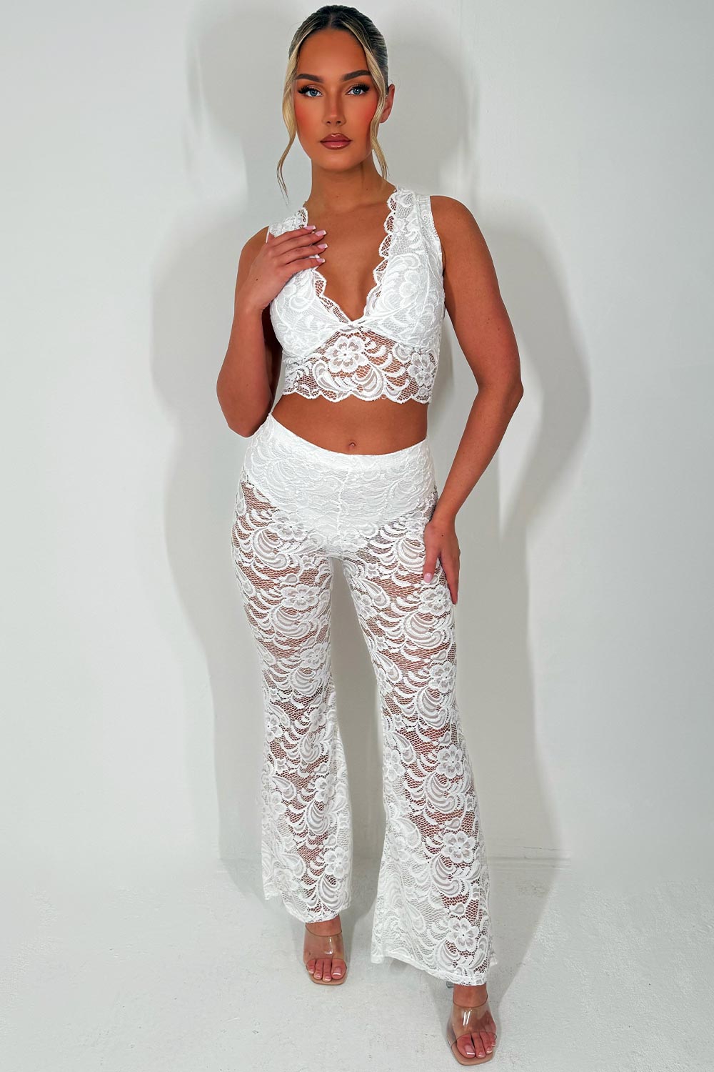 womens skinny flared leg high waist lace trousers and top co ord set festival holiday outfit styledup