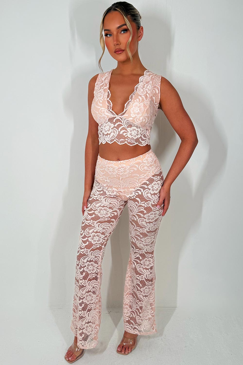 high waist flared lace trousers and top co ord set pink
