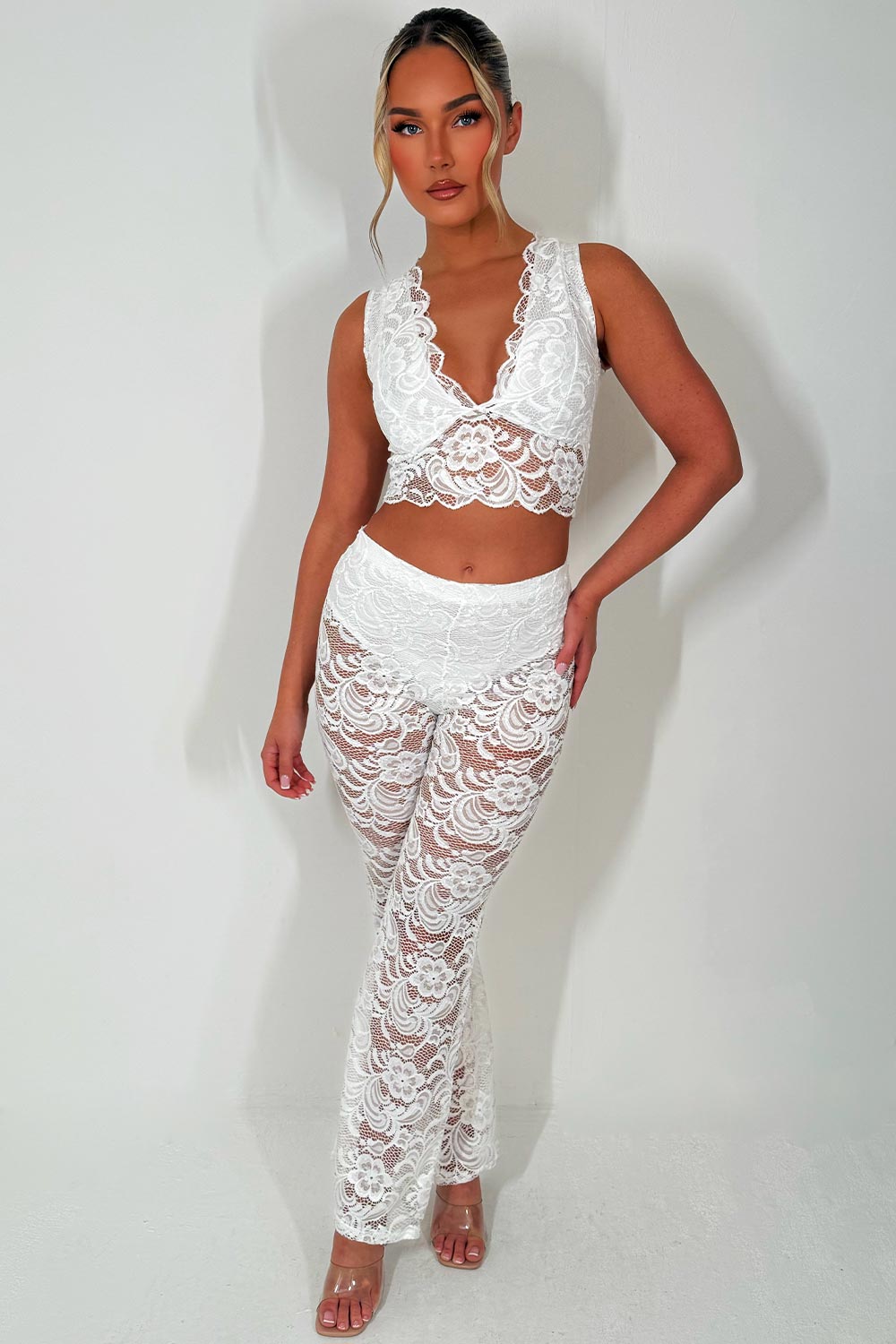 high waist flared lace trousers and top co ord set white