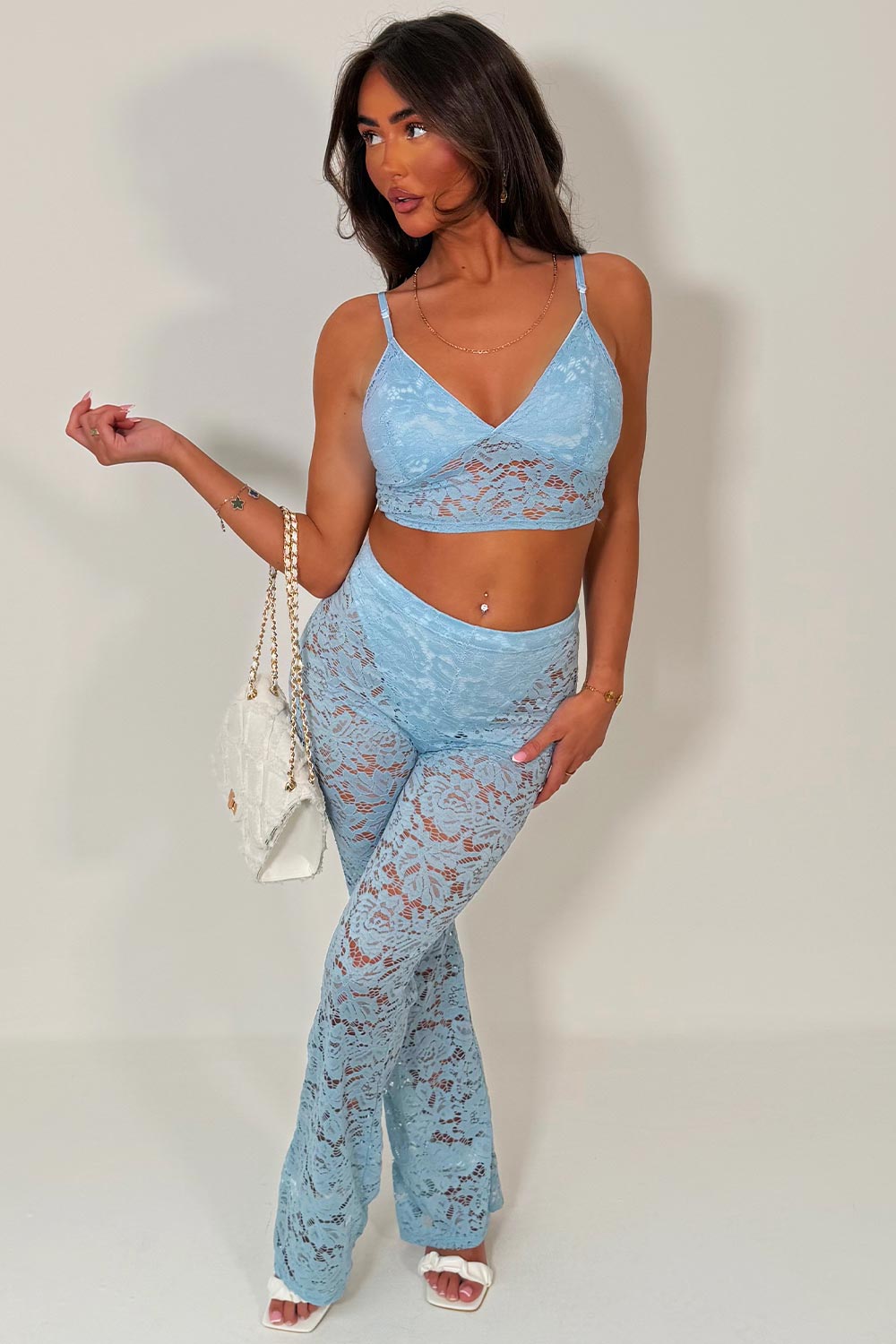 womens skinny flared leg high waist lace trousers and top two piece co ord festival holiday outfit styledup