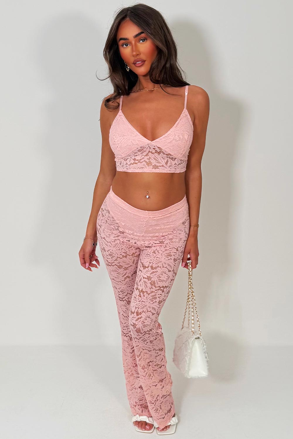 womens skinny flared leg high waist lace trousers and top two piece co ord festival holiday outfit styledup