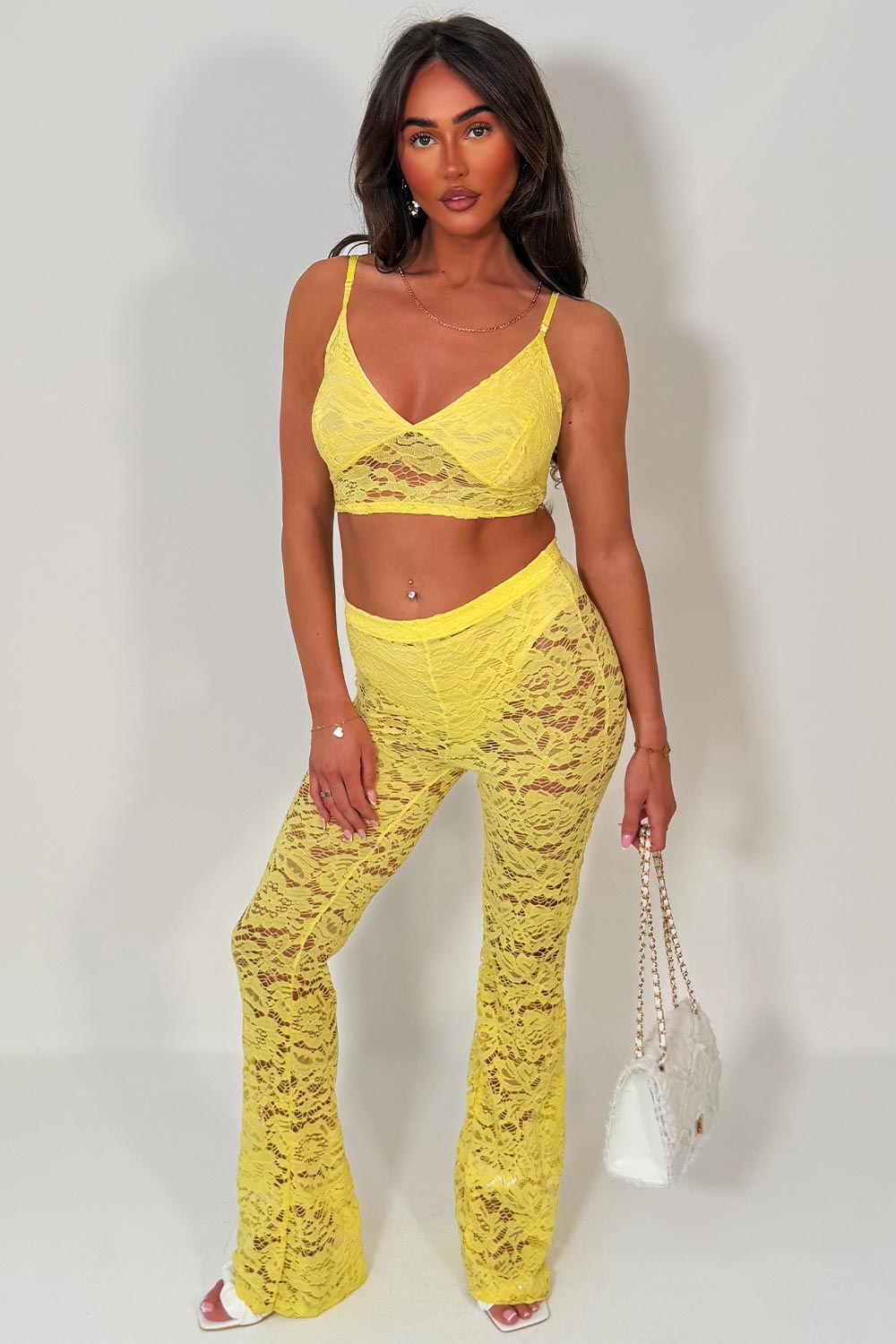 womens skinny flared leg high waist lace trousers and top two piece co ord festival holiday outfit styledup