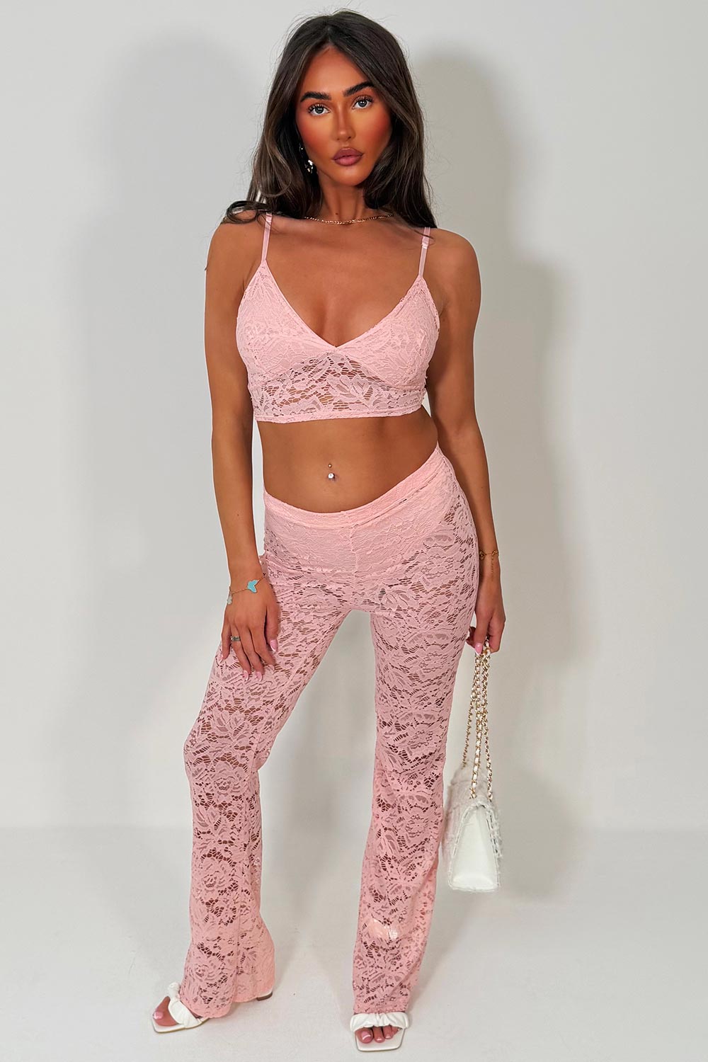 lace top and lace flared leg trousers co ord pink festival summer holiday outfit uk