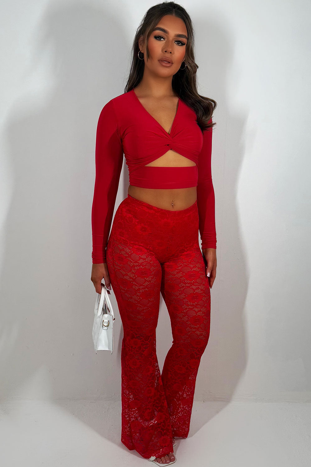 womens skinny flared leg high waist lace trousers festival holiday outfit styledup