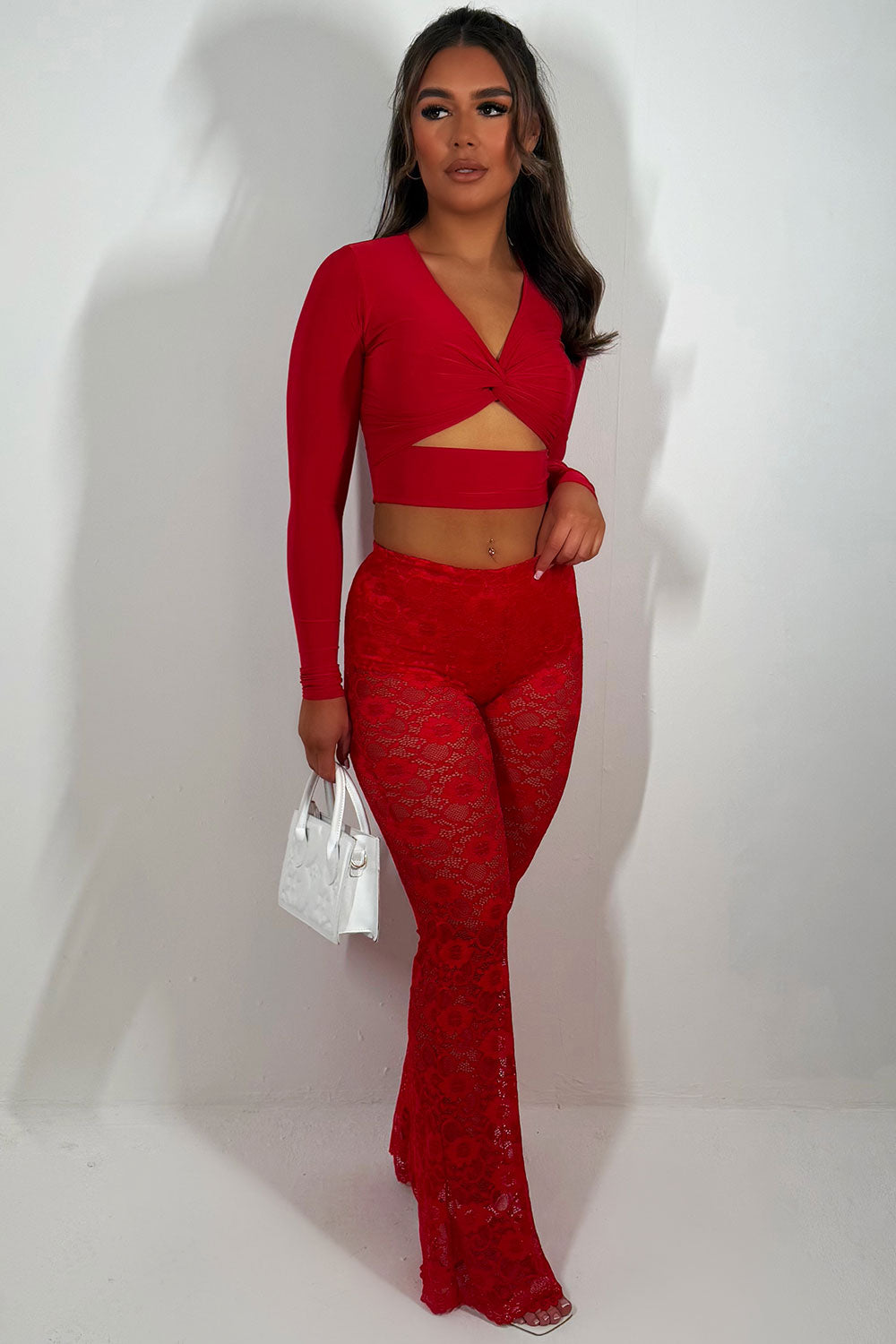 red lace trousers with skinny flared leg styledup fashion
