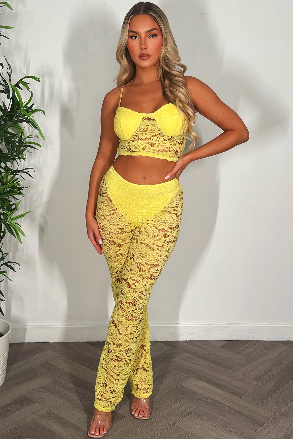 lace flared leg trousers and top co ord set yellow