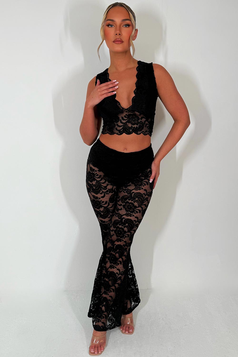 lace flared leg trousers and top co ord set for womens festival outfit styledup bride to be outfit