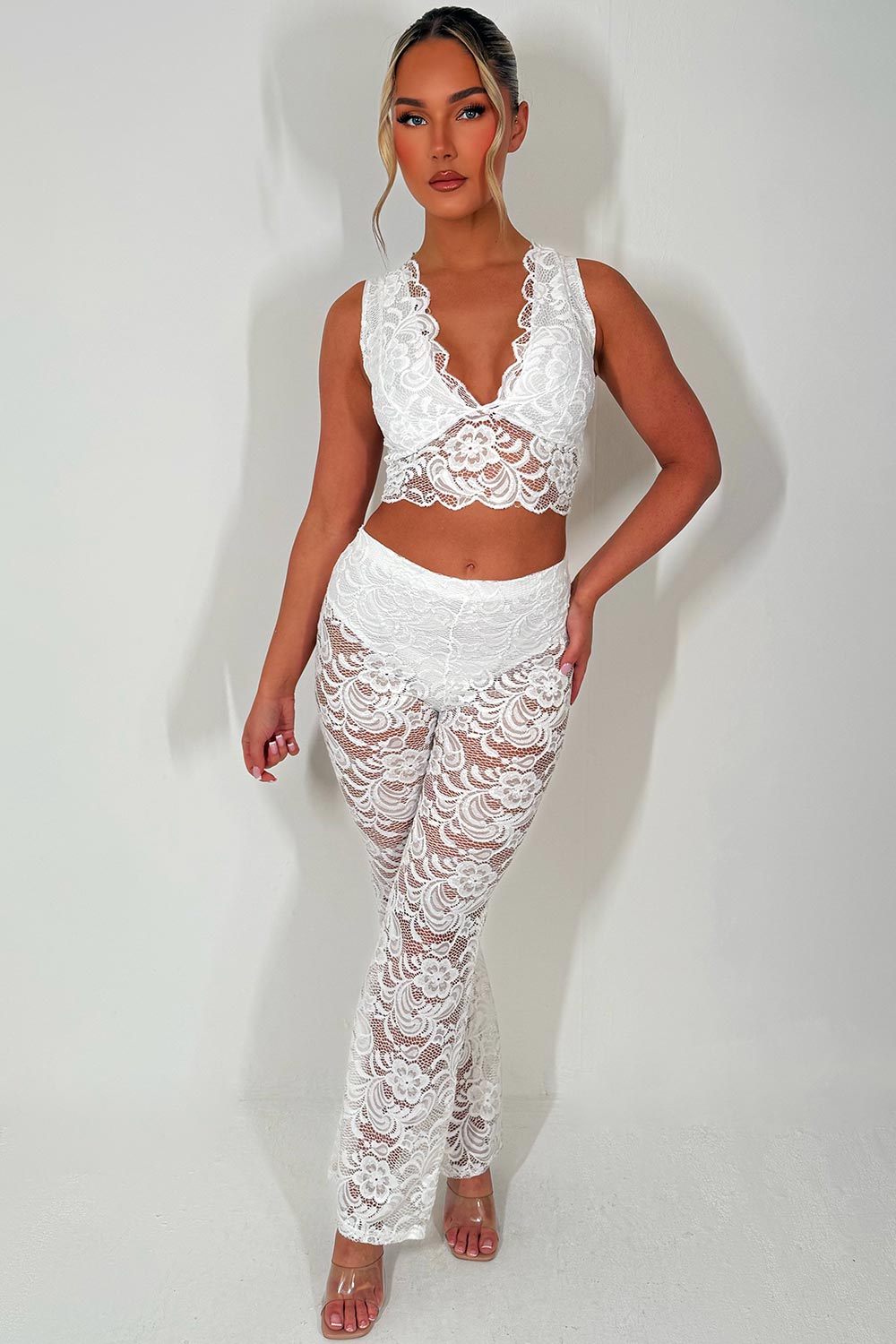lace flared leg trousers and top co ord set white