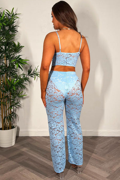 Two-Piece Set with Lace Overlay Top and Denim Shorts - Blue main image 1