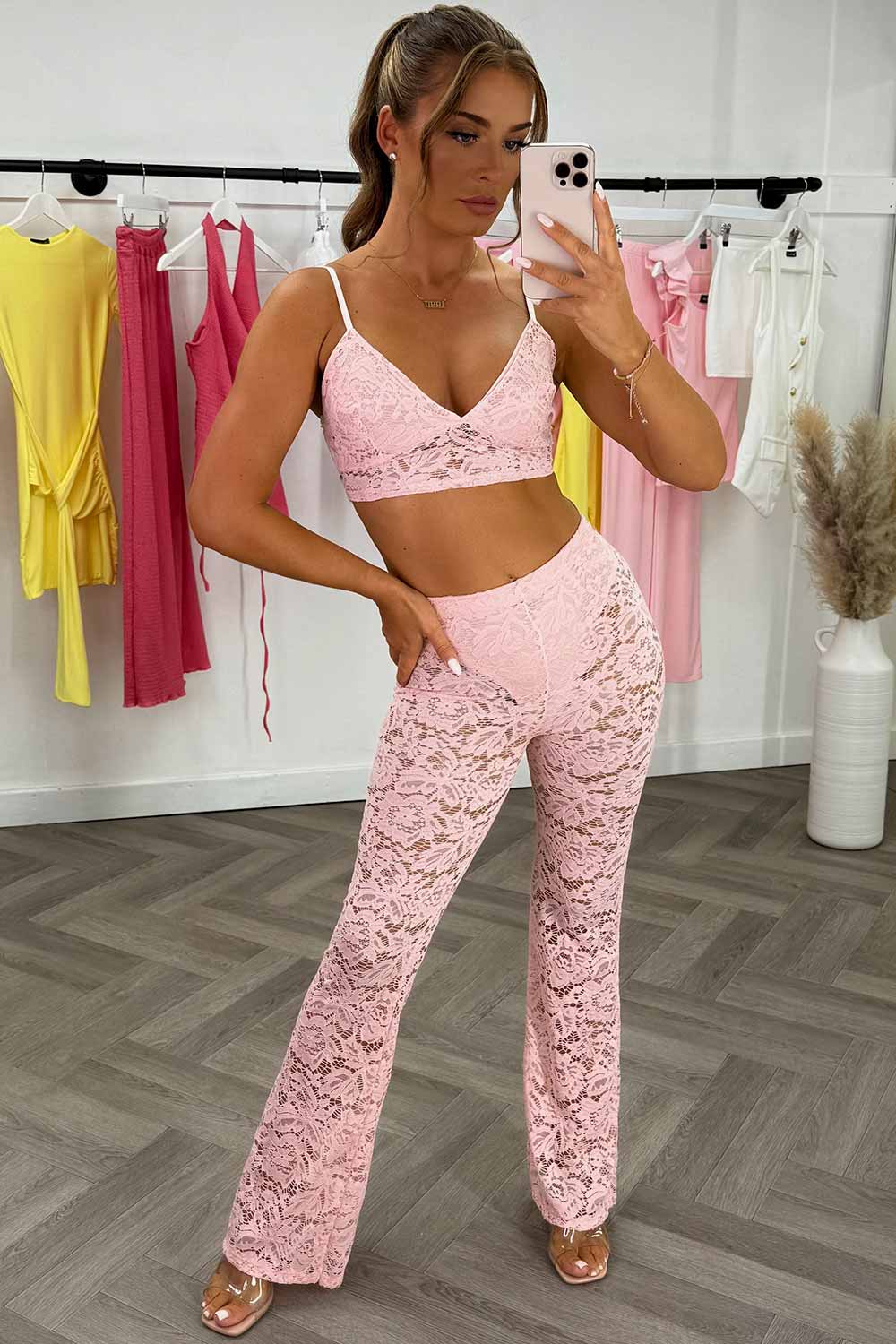 womens festival lace trousers and top co ord set pink