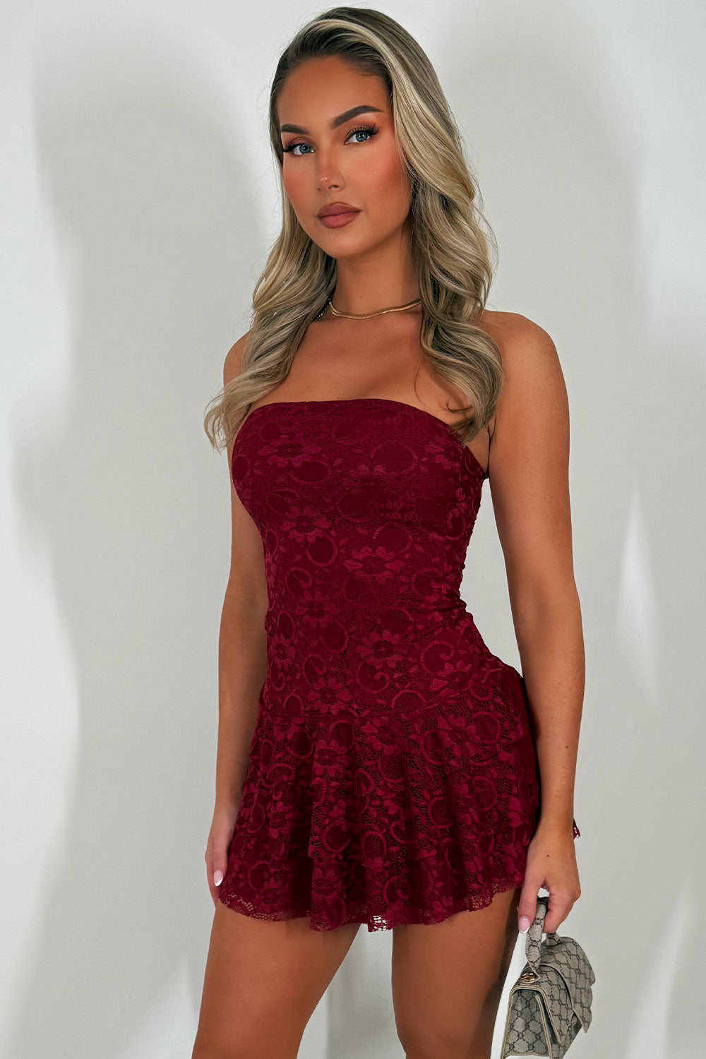 lace ruffle frilly bandeau dress christmas party outfit styledup