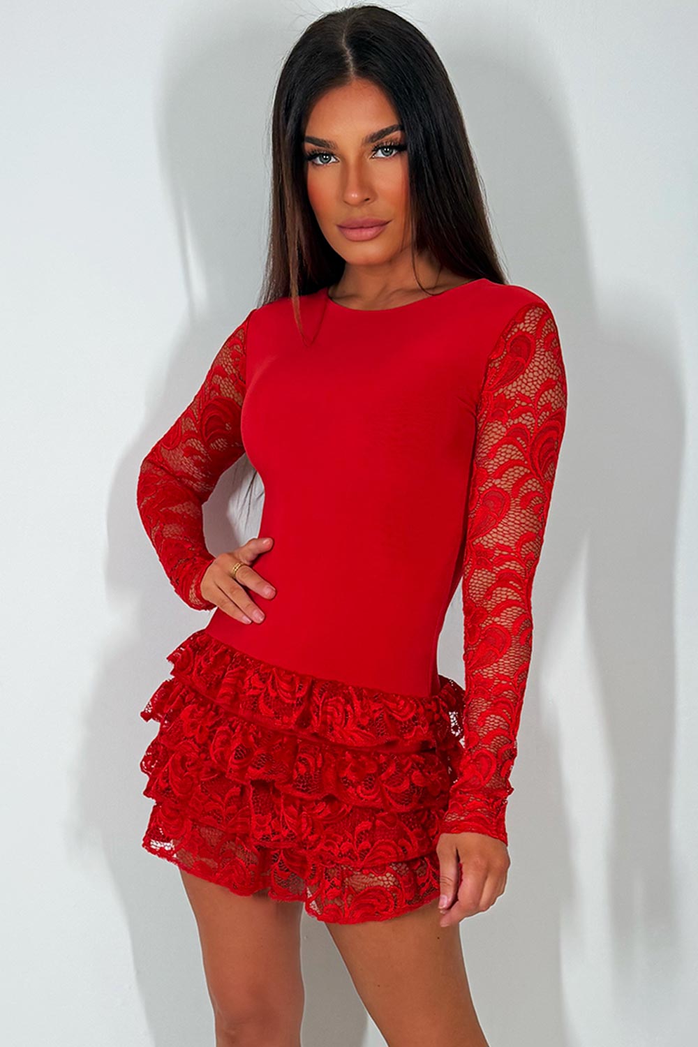 ruffle frill hem long sleeve lace dress going out festival outfit holiday clothes styledup
