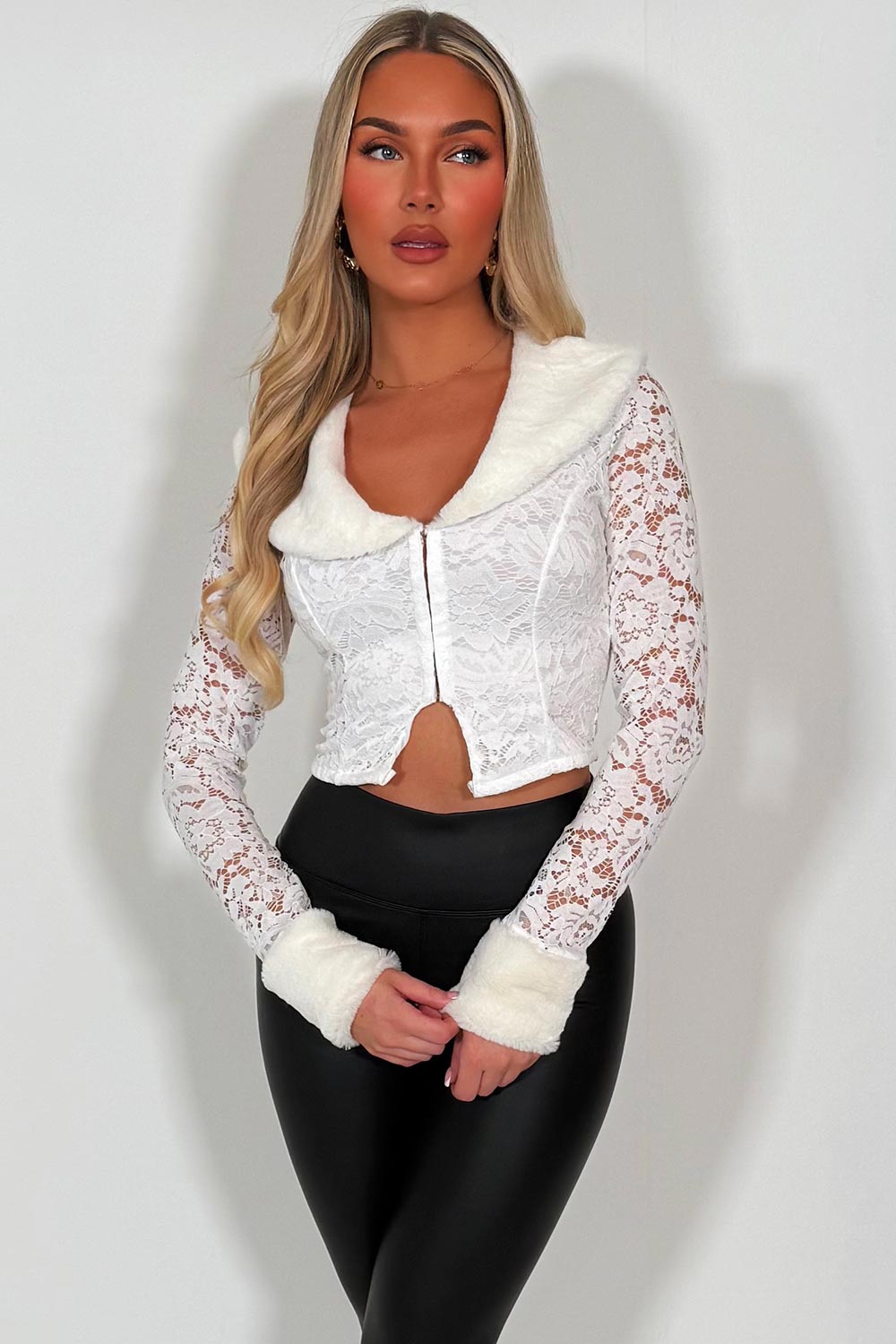 faux fur cuff and collar lace top styledup fastival rave night out outfit