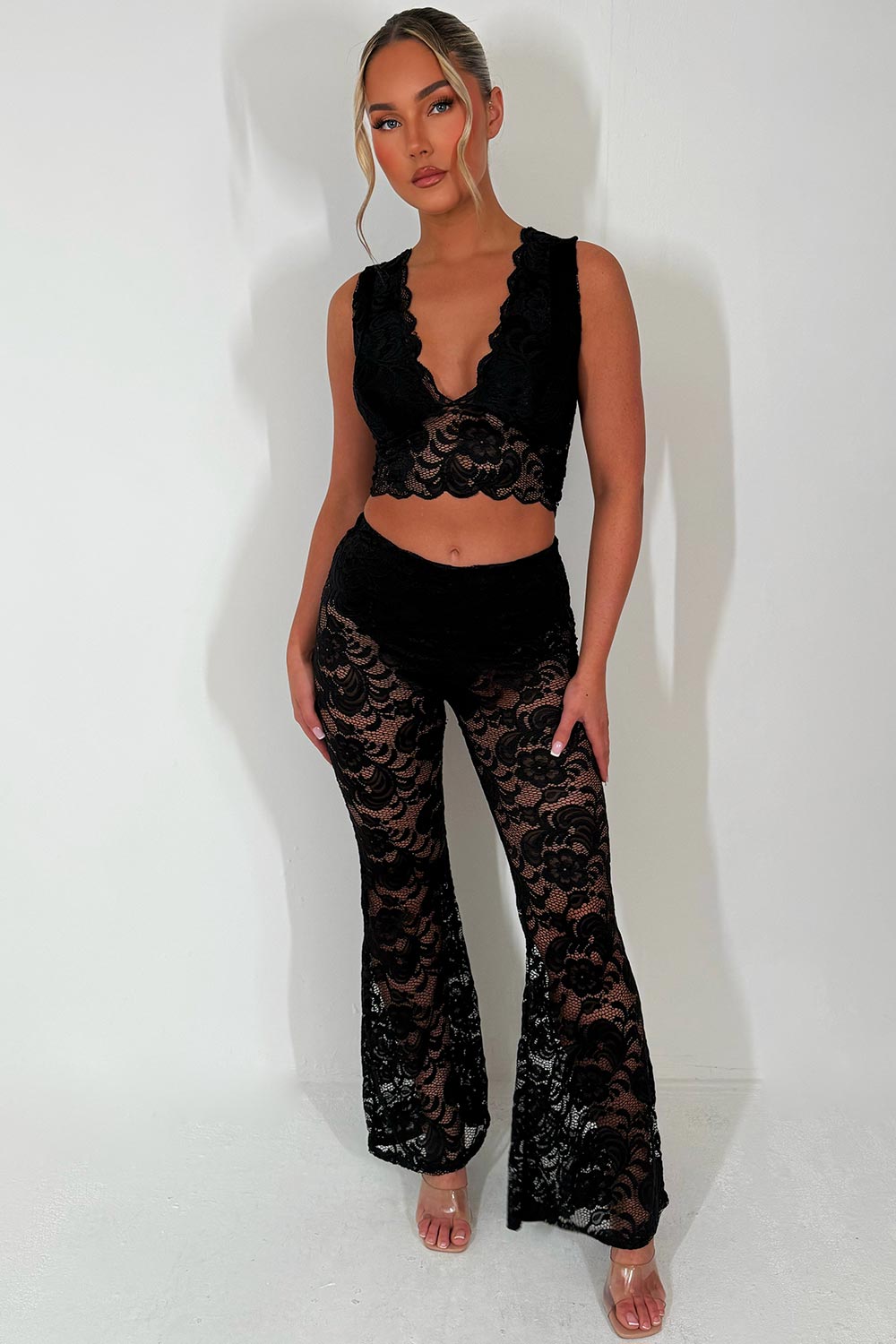 high waist flared lace trousers and top co ord set black
