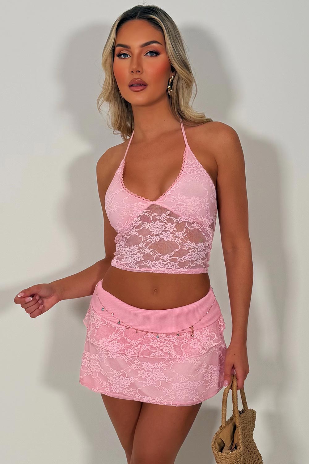 pink lace ruffle mini festival skort and top two piece co ord set holiday night out outfit uk styledup