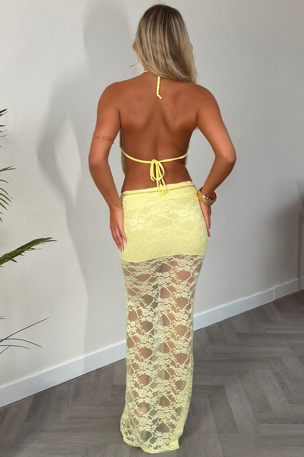 yellow lace maxi skirt and backless halter neck top two piece co ord set styledup uk