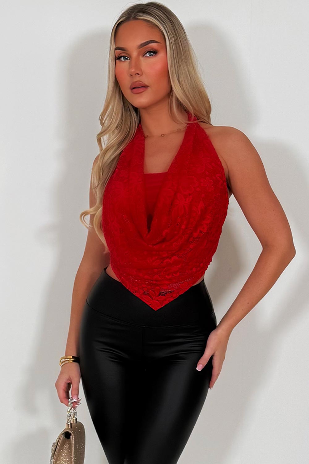 cowl halter neck backless lace top red