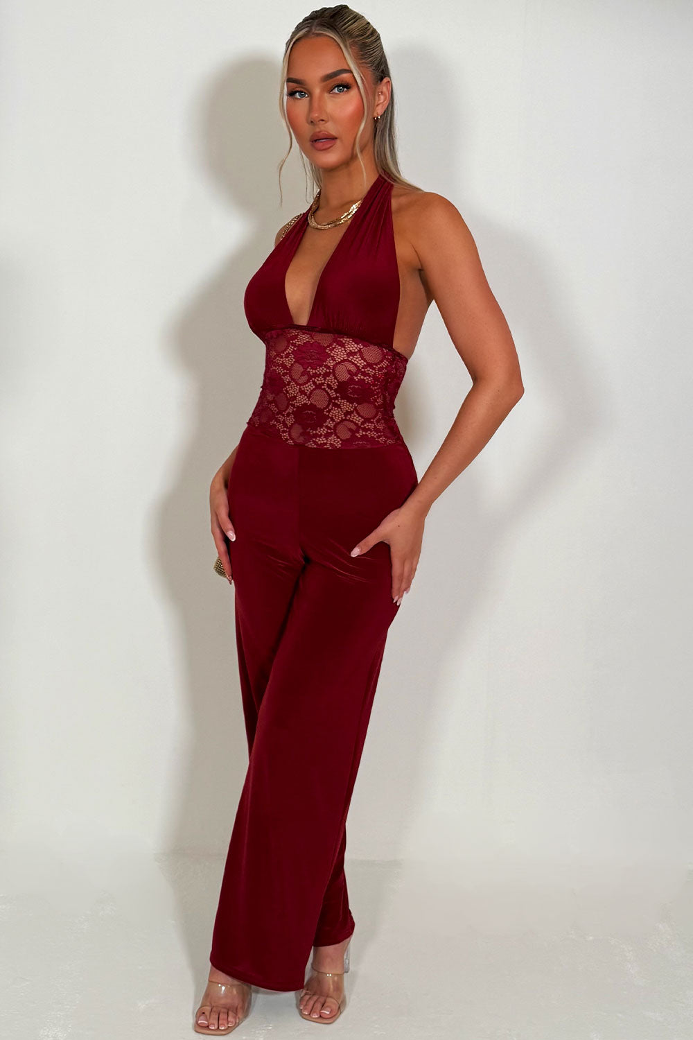 halter plunge neck wide leg occasion jumpsuit burgundy occasion christmas party outfit red