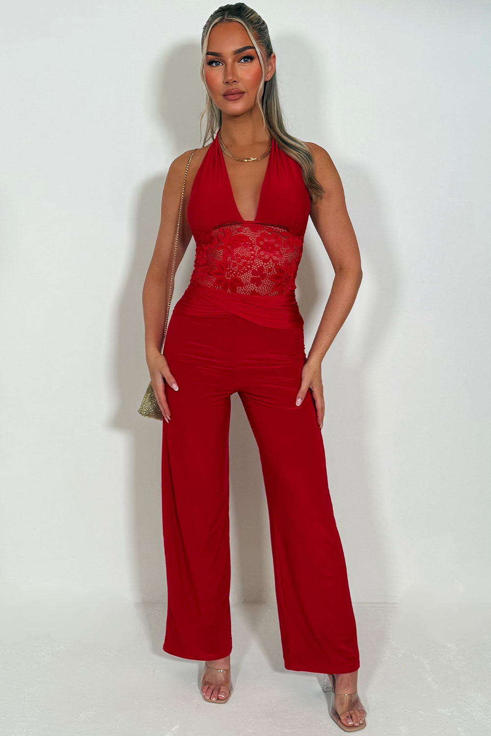halter plunge neck wide leg occasion jumpsuit red occasion christmas party outfit red